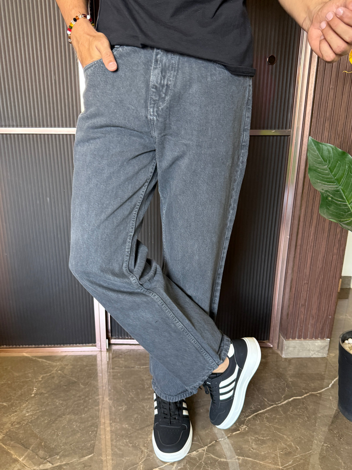 Elastic Waist Baggy Dark Grey Jeans
