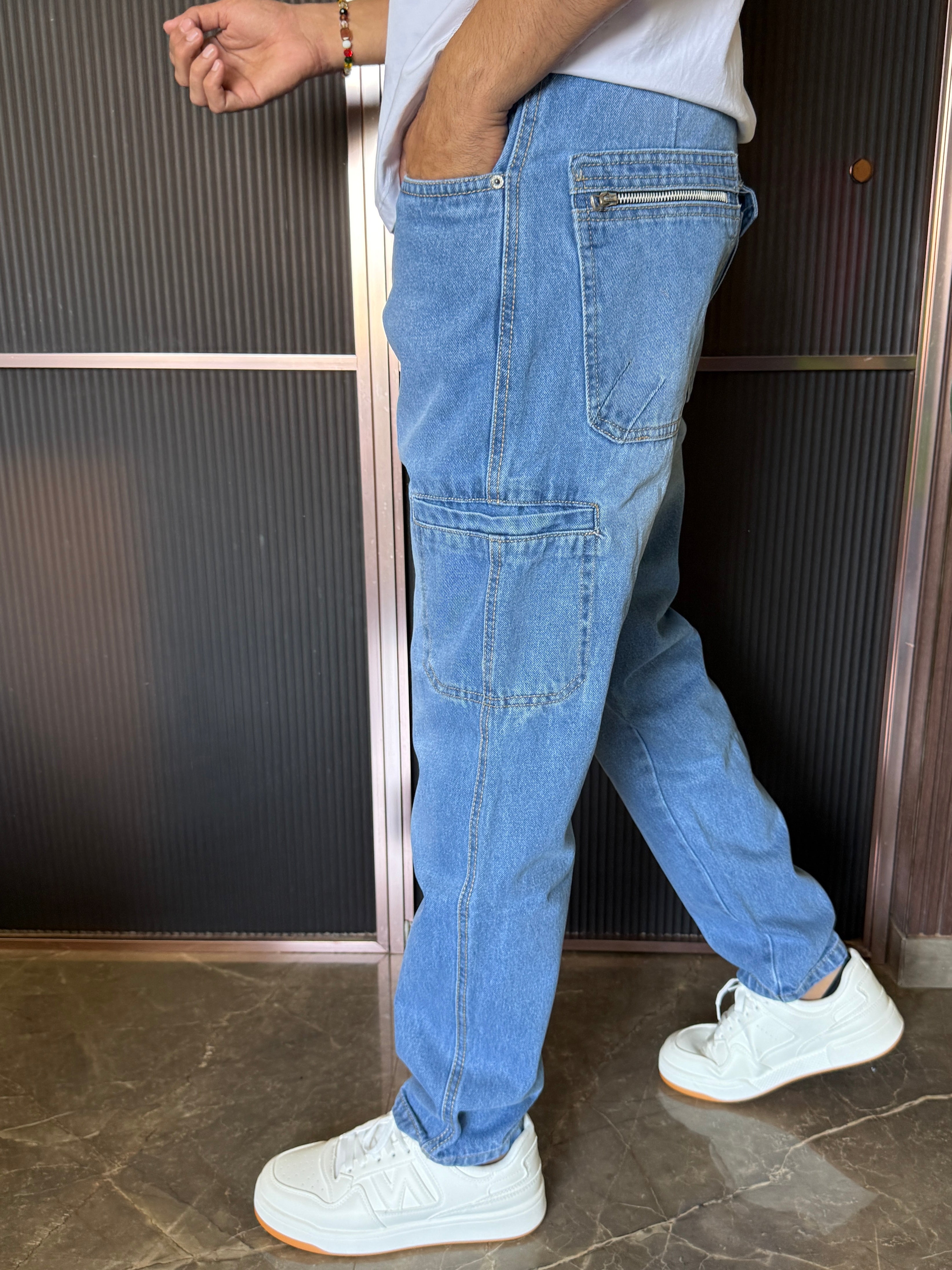 Cargo Denim Light Wash  Blue Jeans