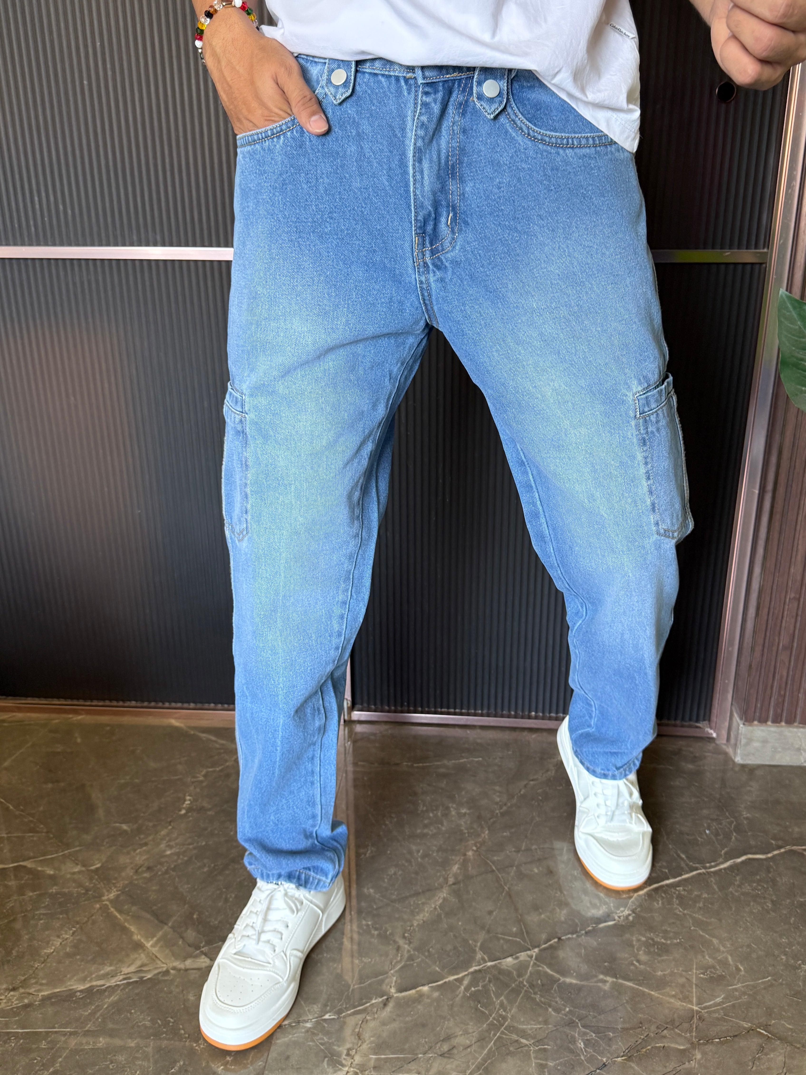 Cargo Denim Light Wash  Blue Jeans