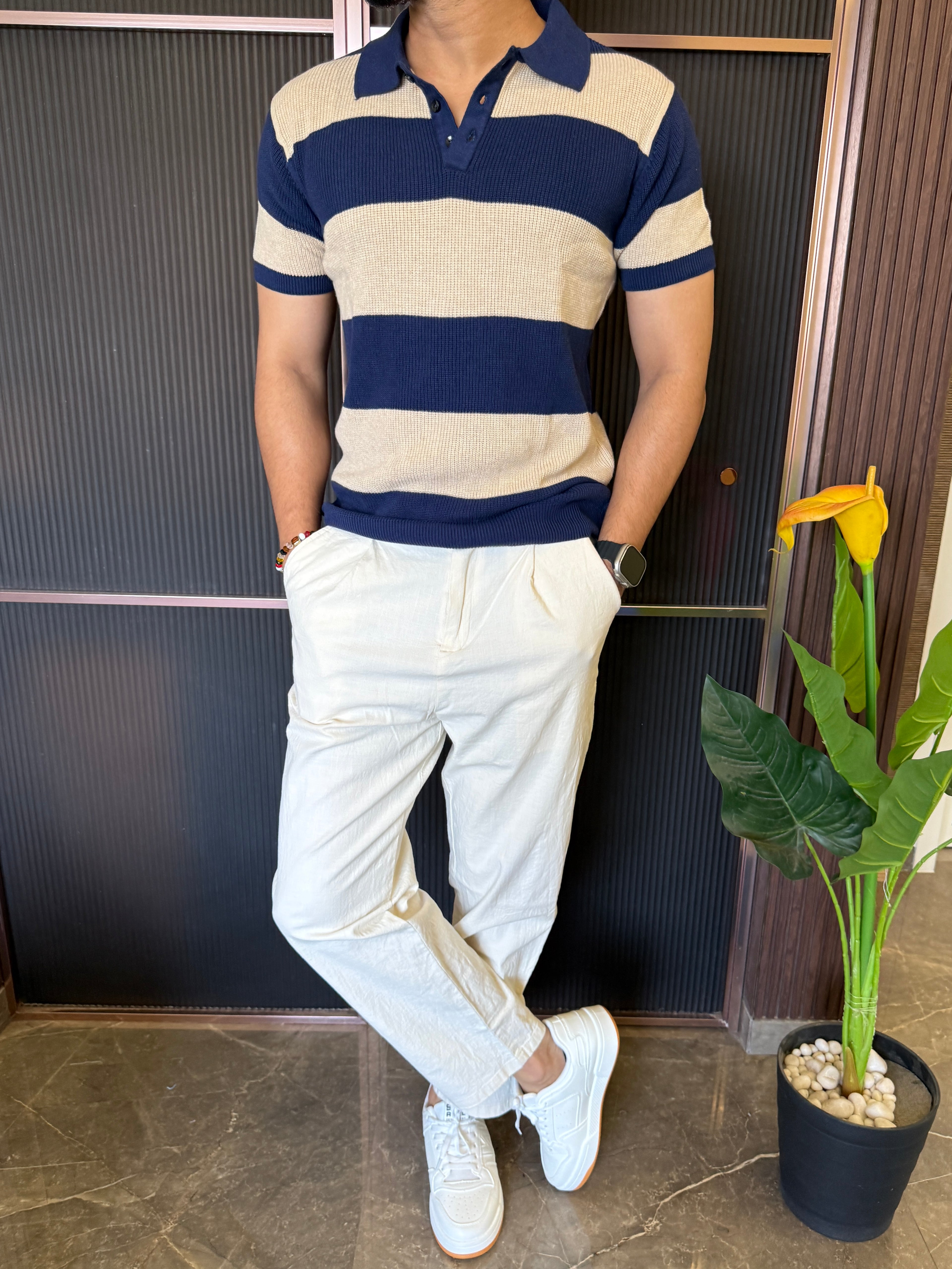Heavy knit Striper Blue Collar T shirt