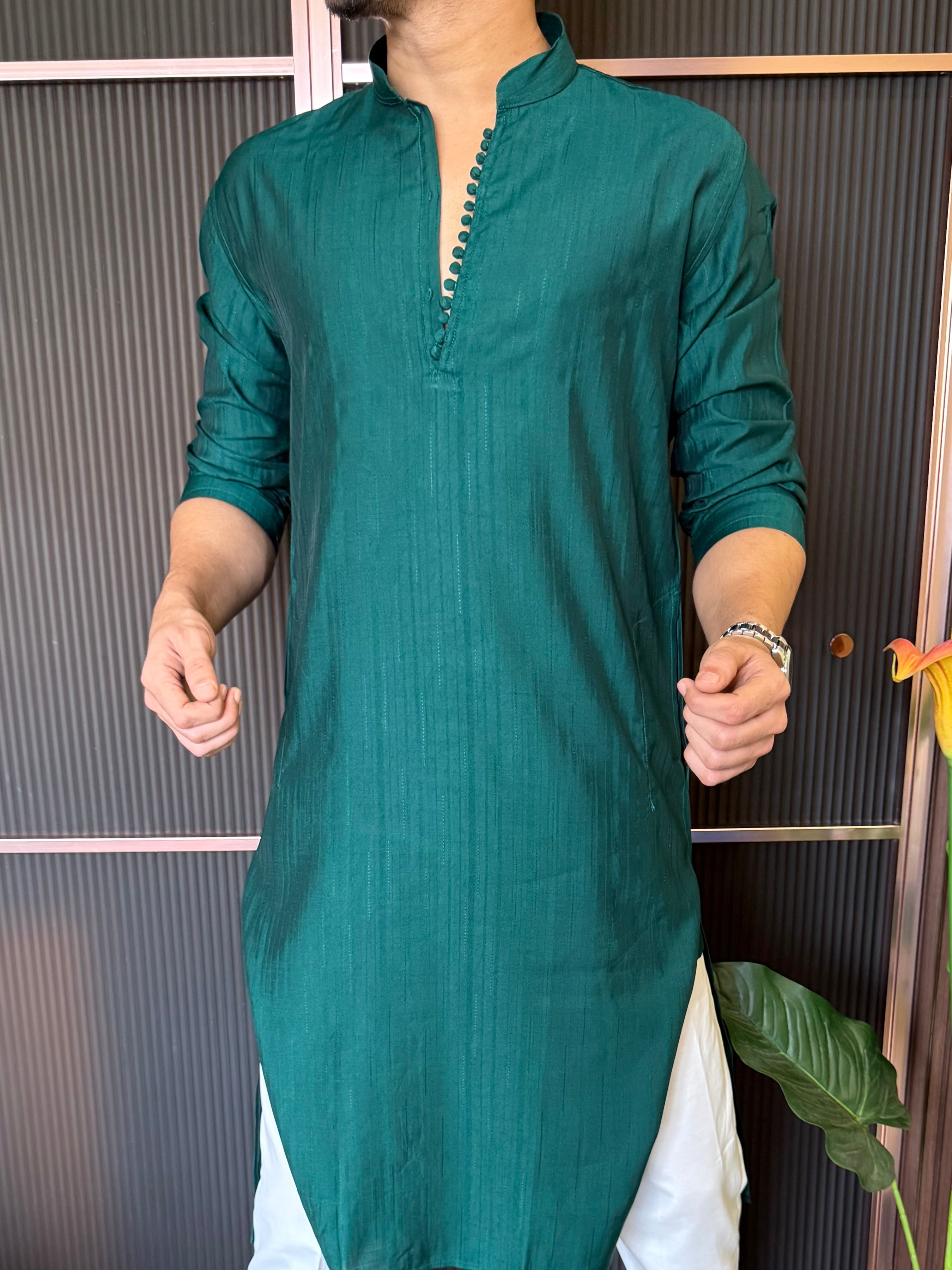 Sleek Button Detailing Bottle Green Kurta