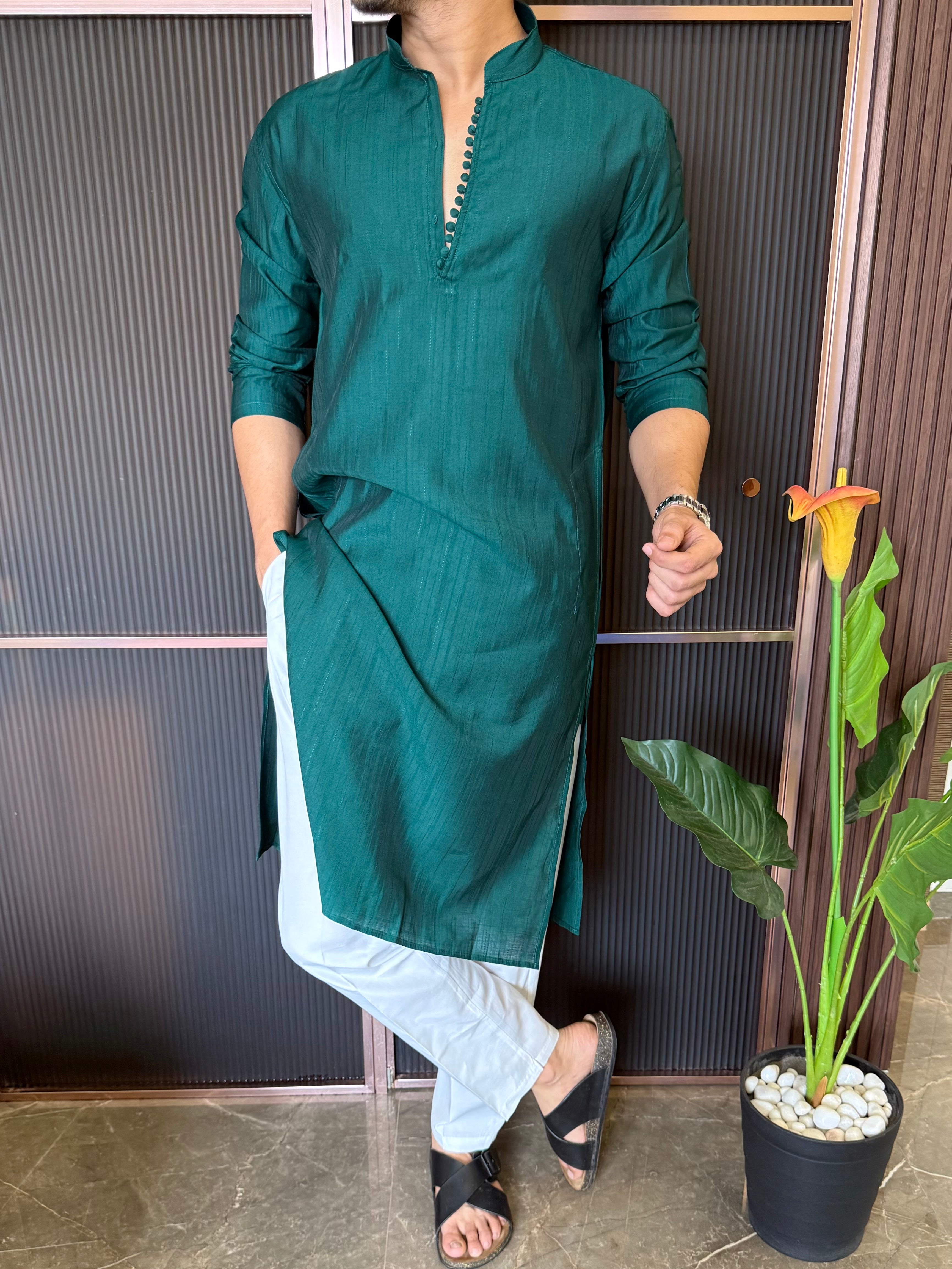 Sleek Button Detailing Bottle Green Kurta