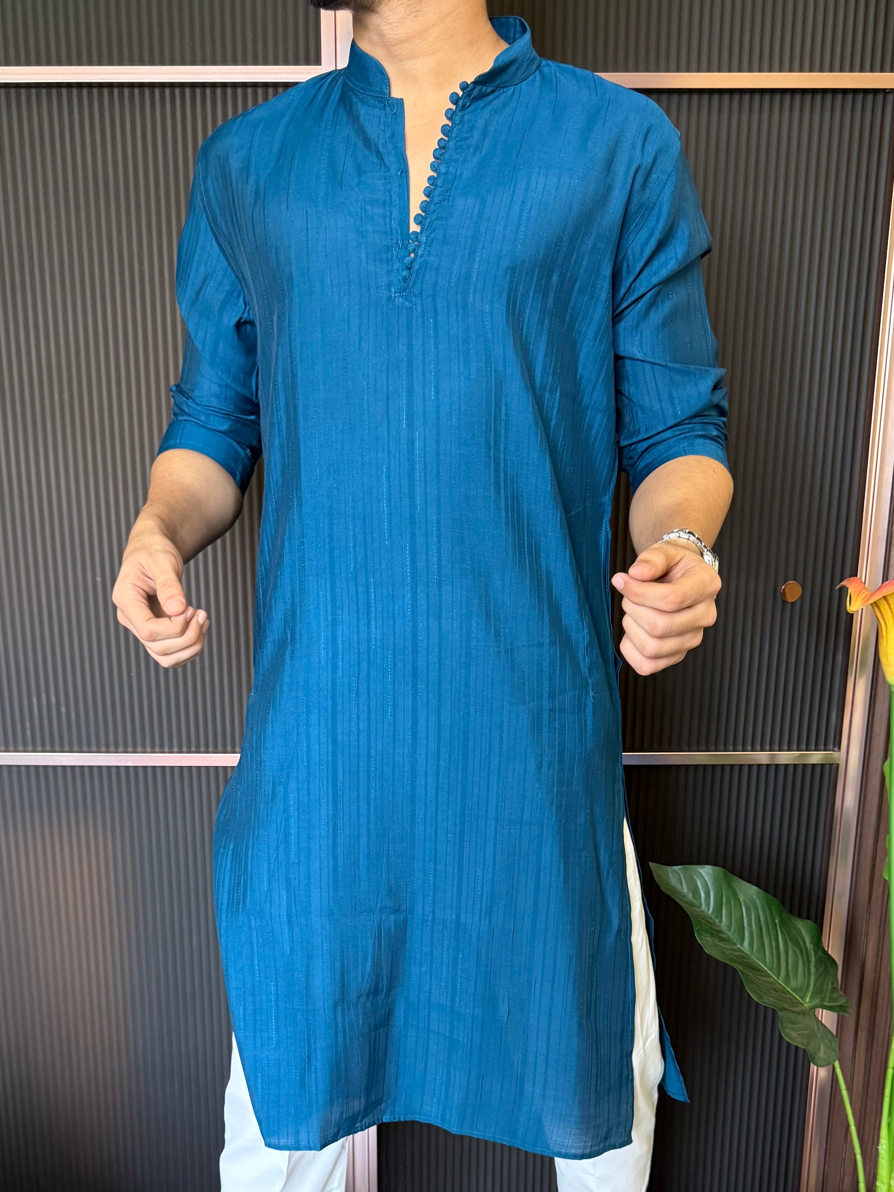 Sleek Button Detailing Bottle Blue Kurta