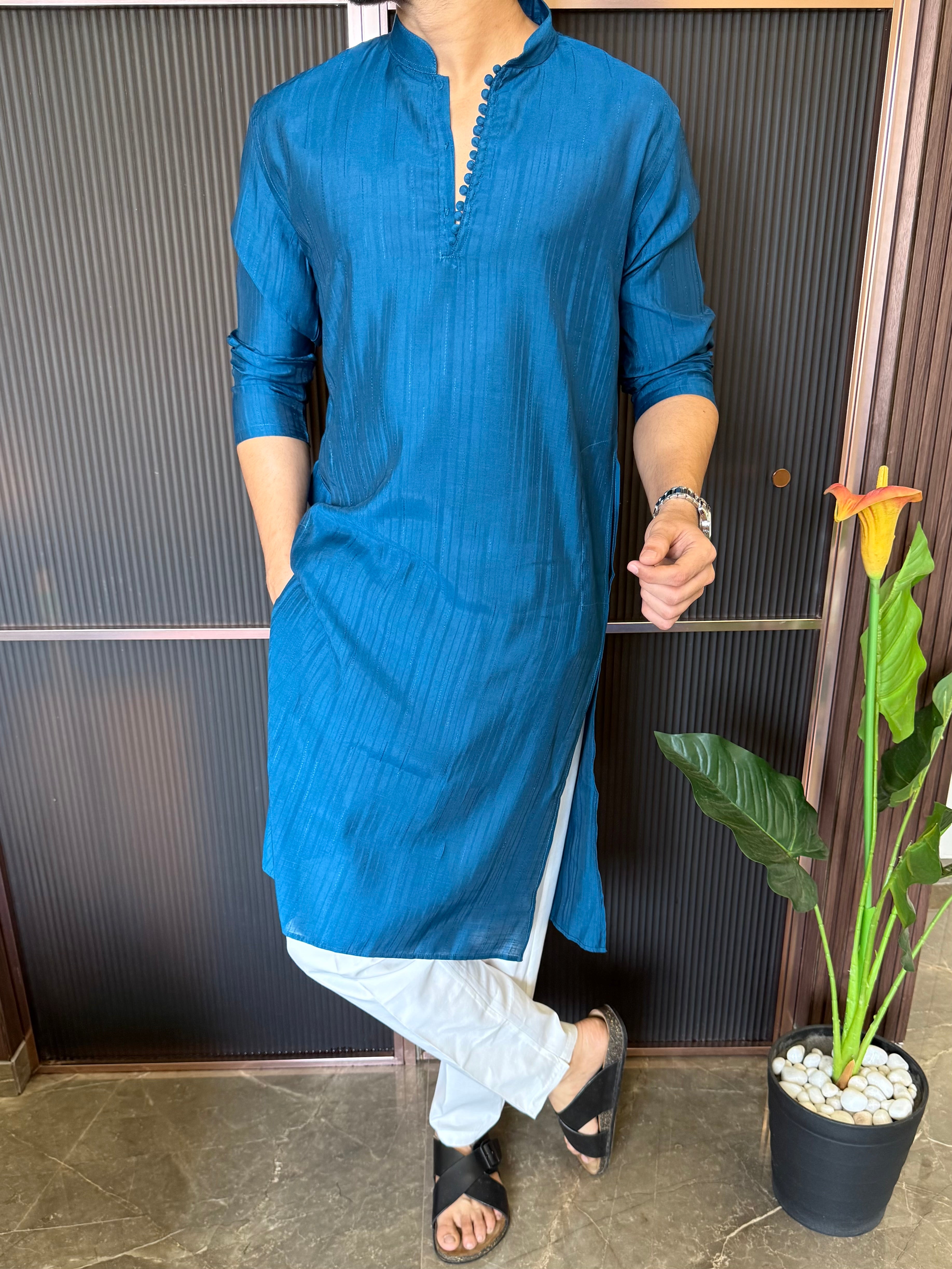 Sleek Button Detailing Bottle Blue Kurta
