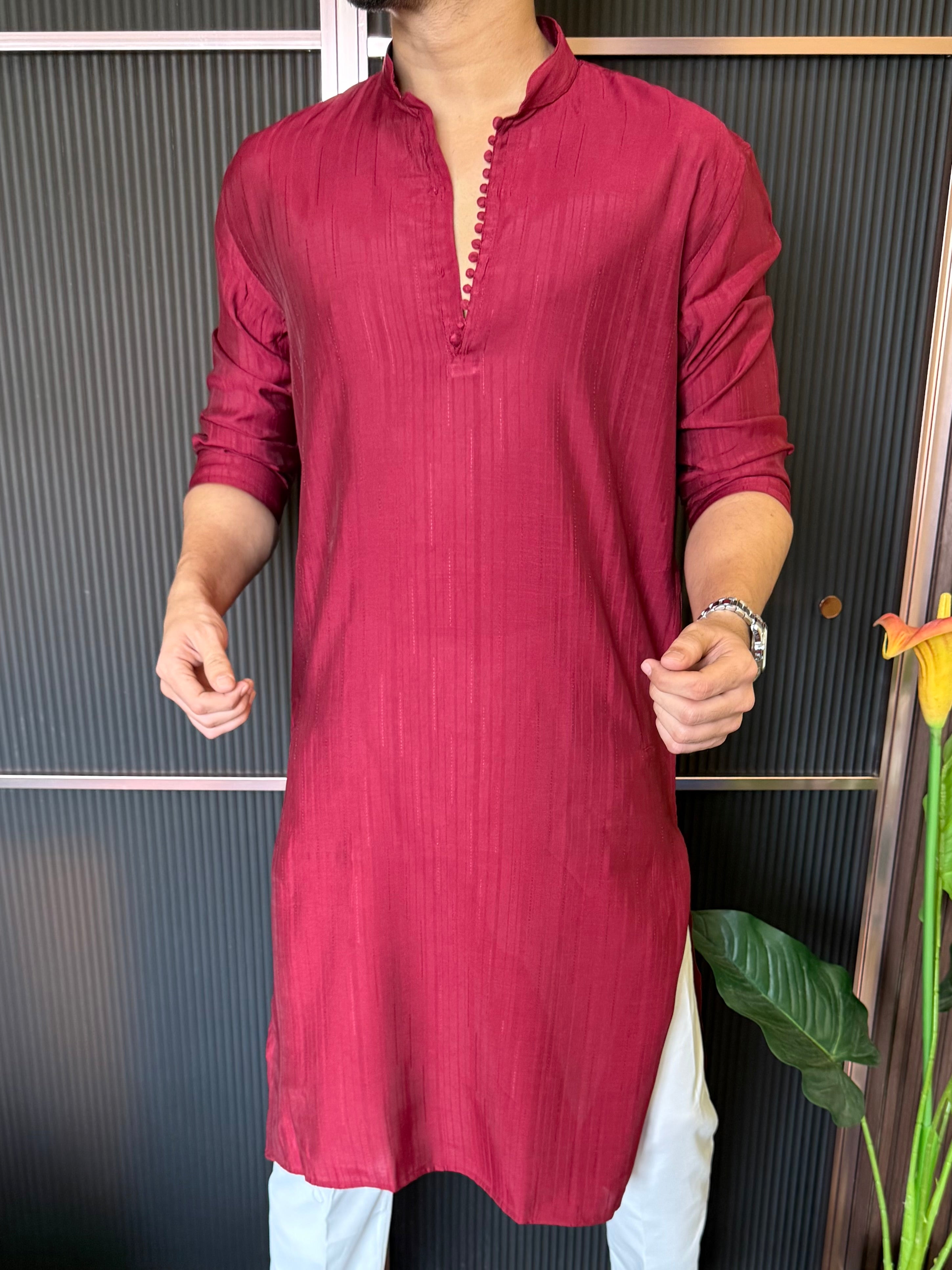 Sleek Button Detailing Bottle Maroon Kurta