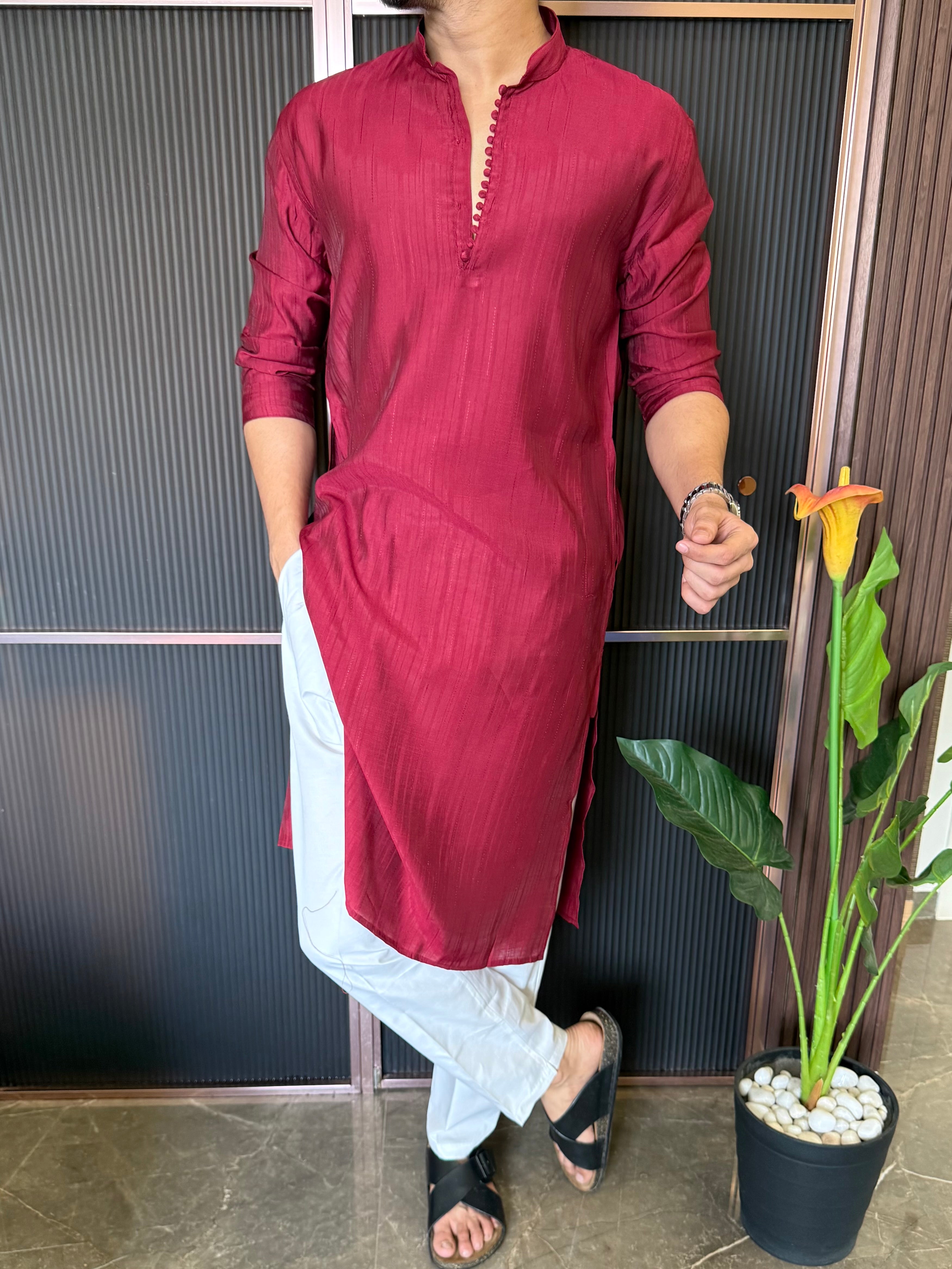 Sleek Button Detailing Bottle Maroon Kurta