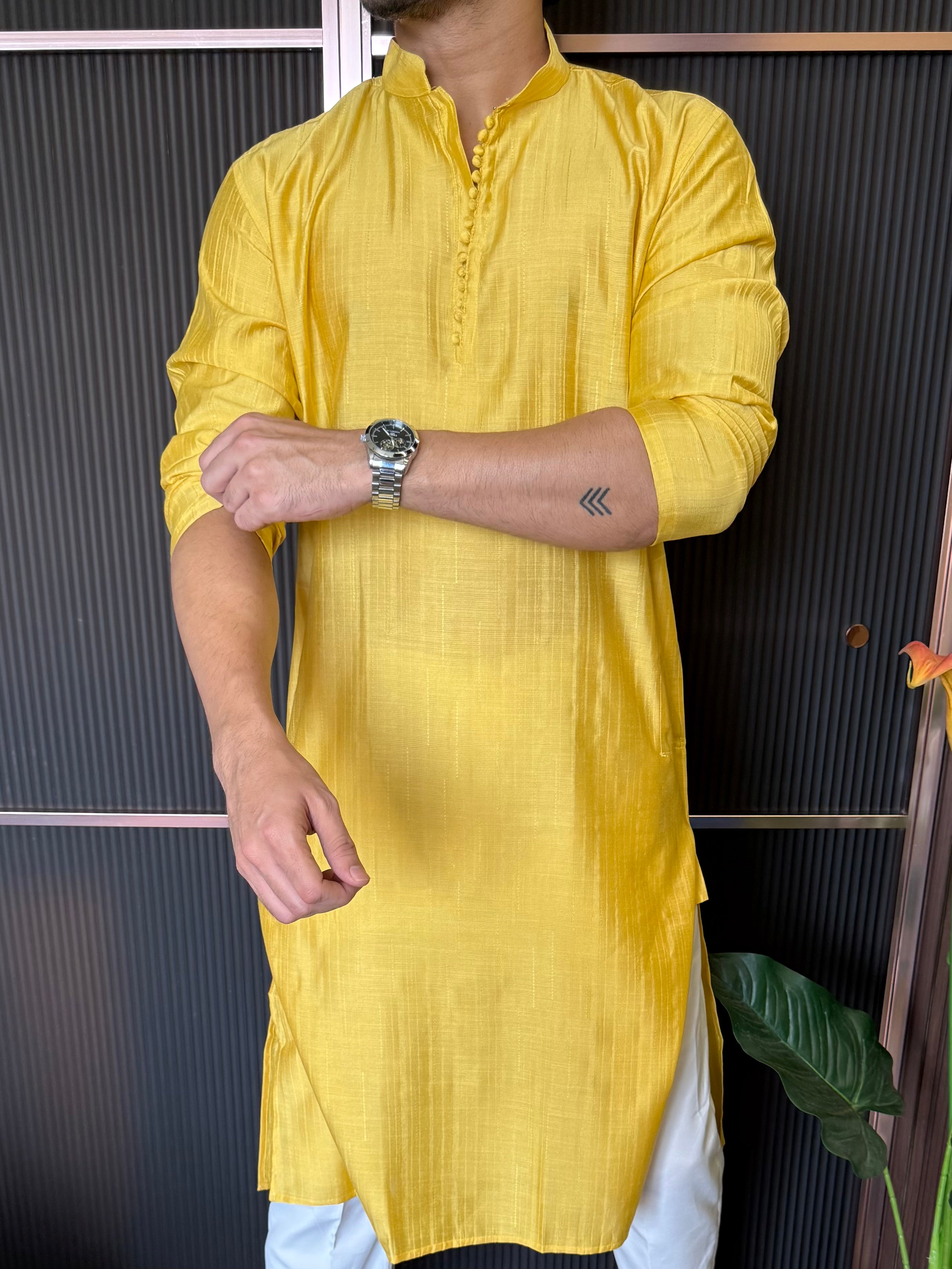 Sleek Button Detailing Bottle Yellow Kurta