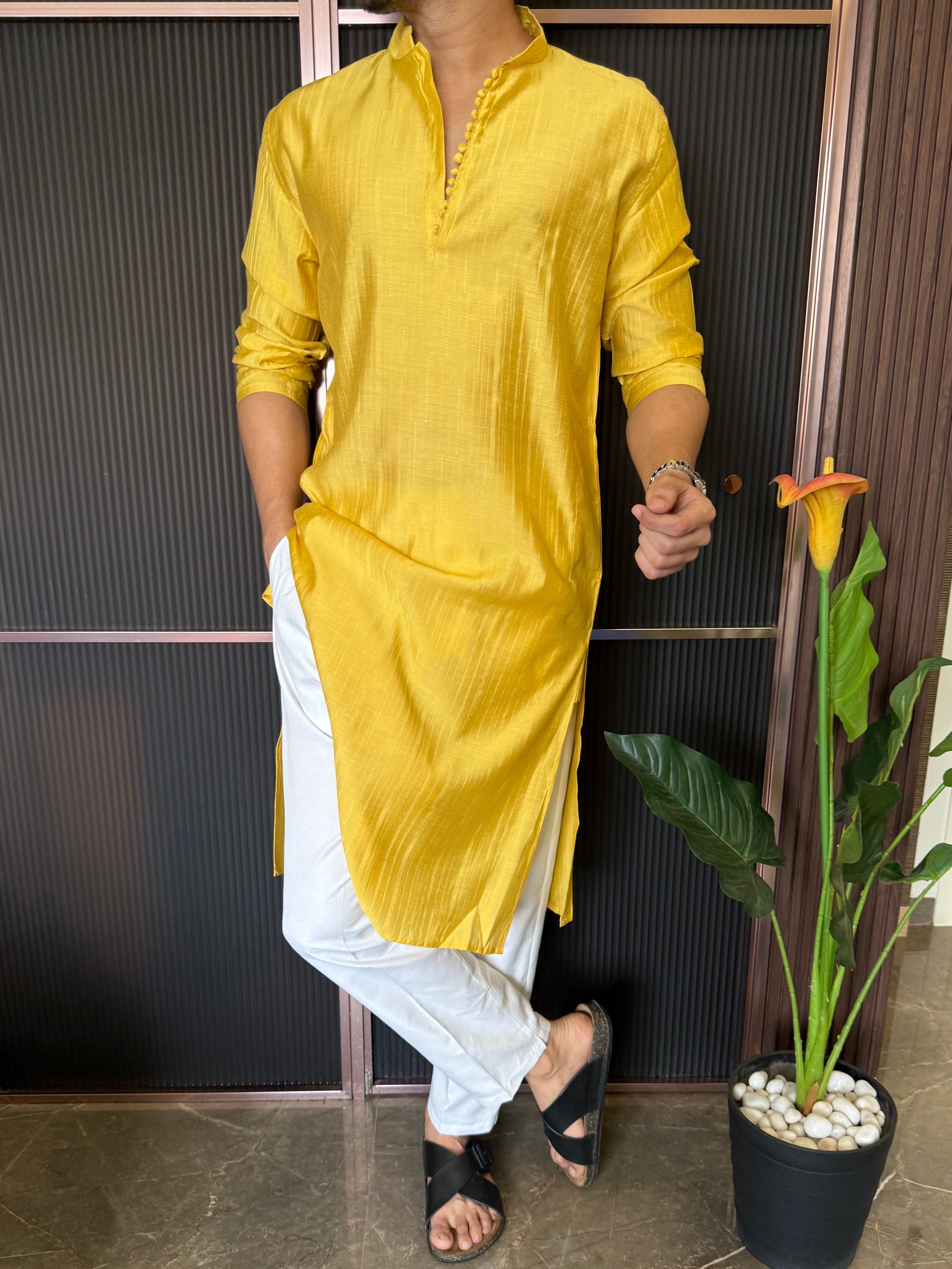 Sleek Button Detailing Bottle Yellow Kurta