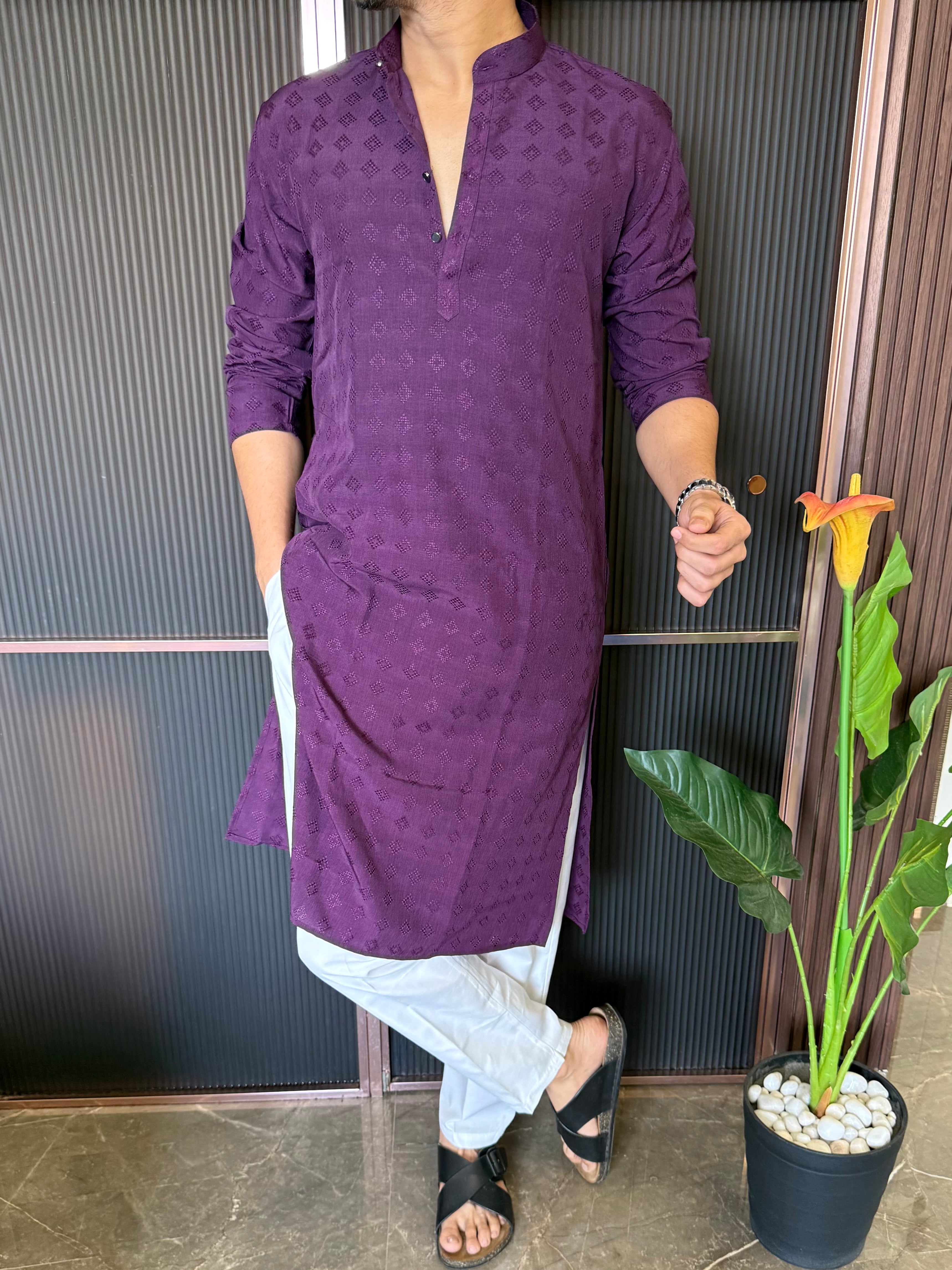 Self Print Purple Long Kurta