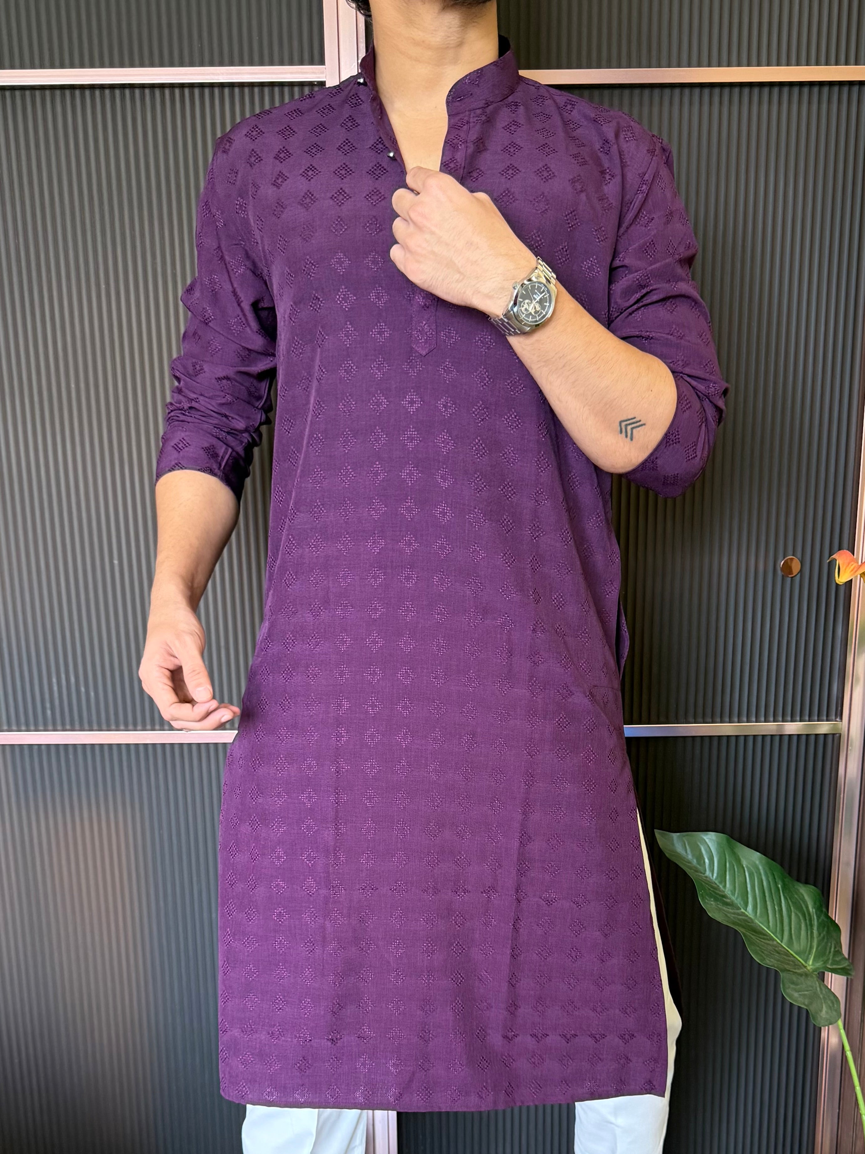 Self Print Purple Long Kurta