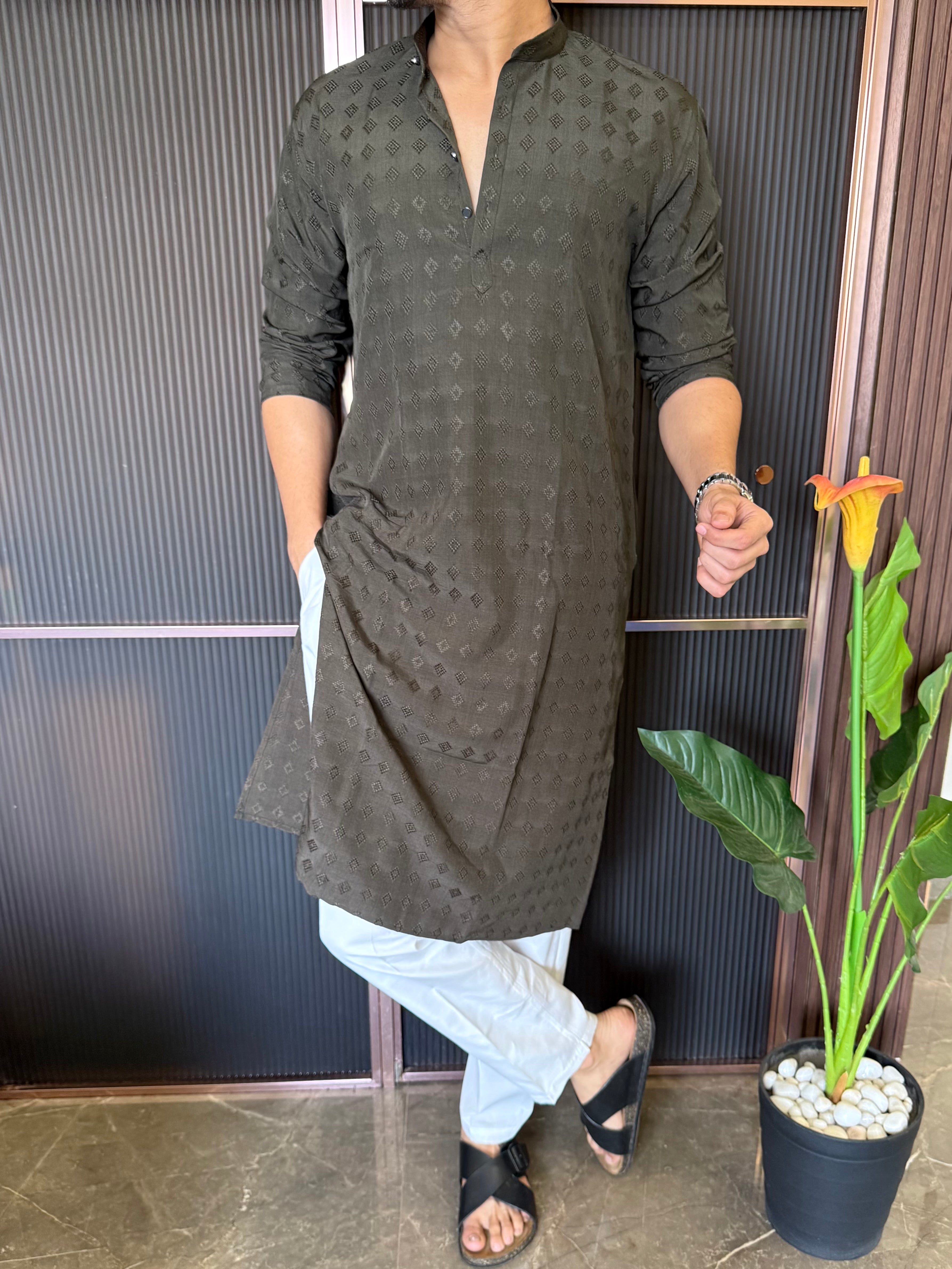 Self Print Olive Long Kurta