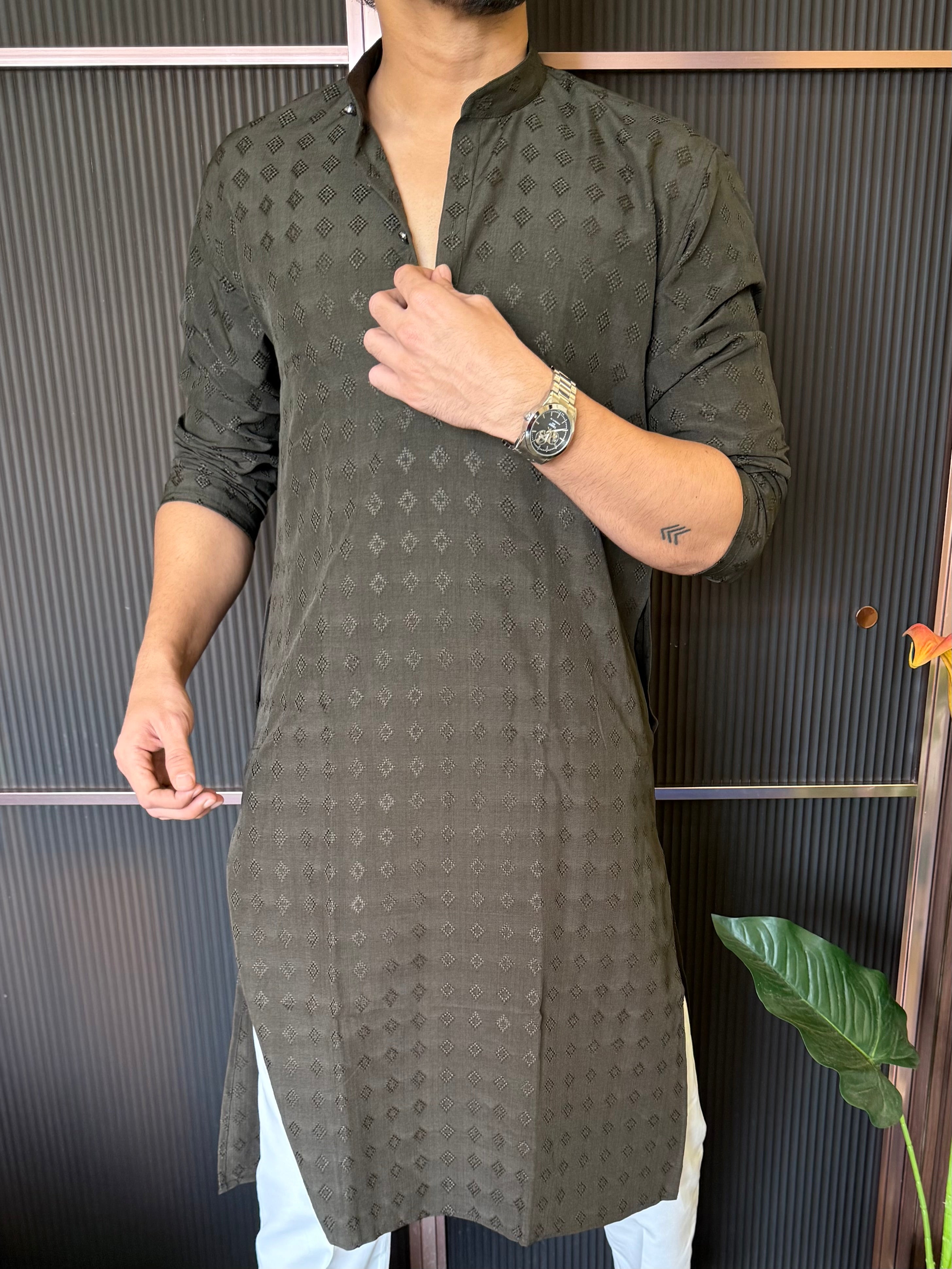 Self Print Olive Long Kurta