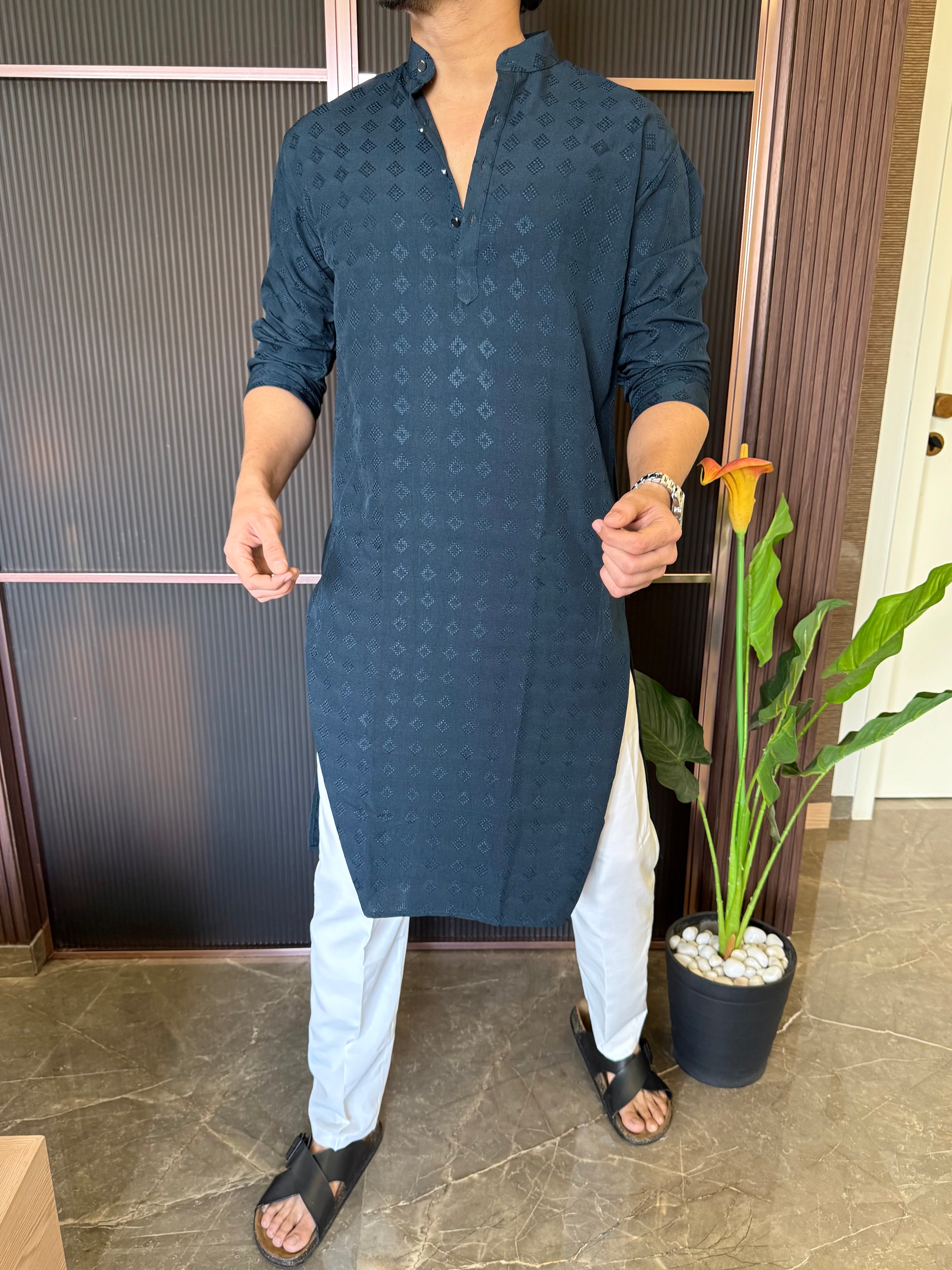 Self Print Teal Long Kurta