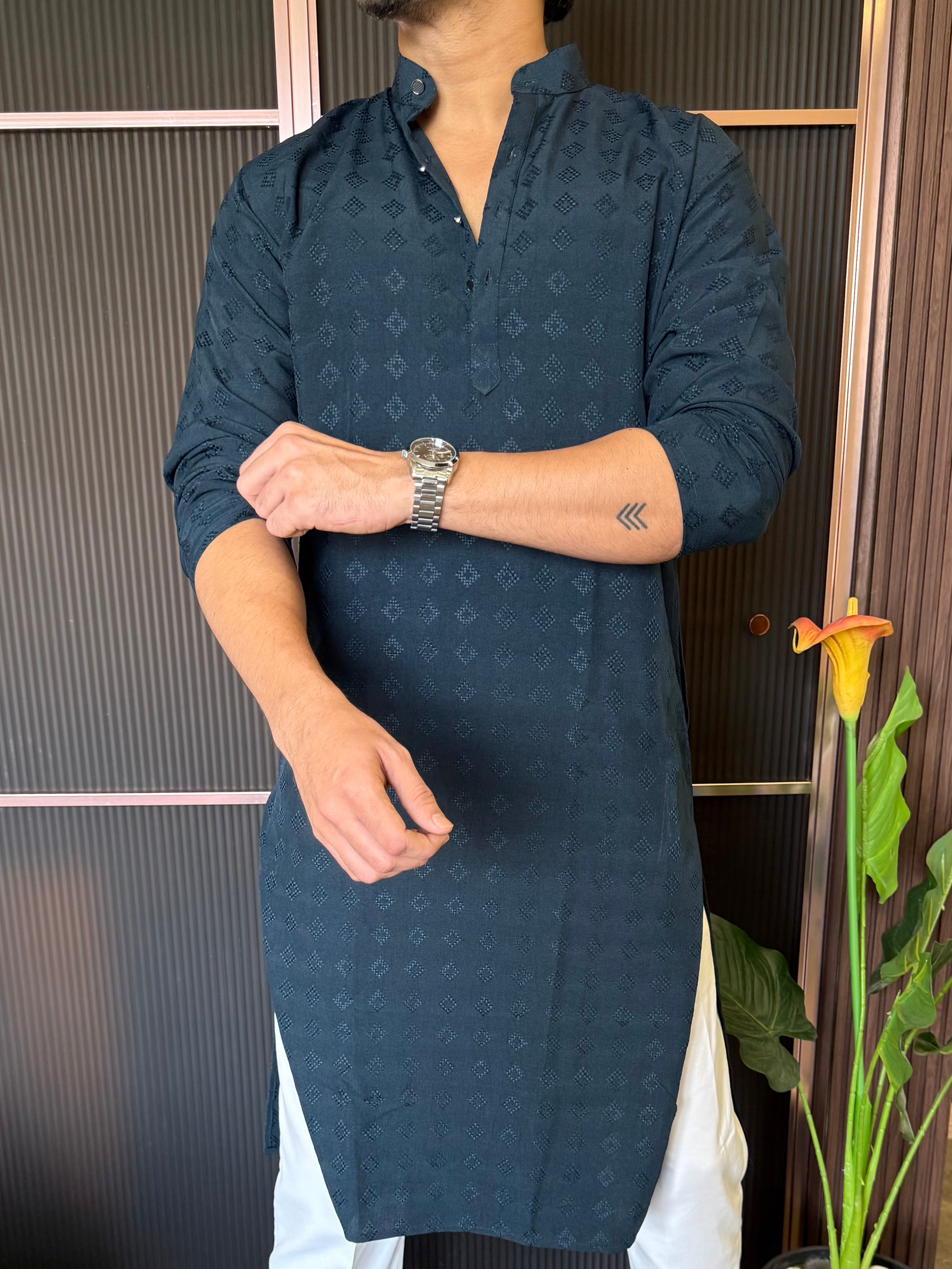 Self Print Teal Long Kurta