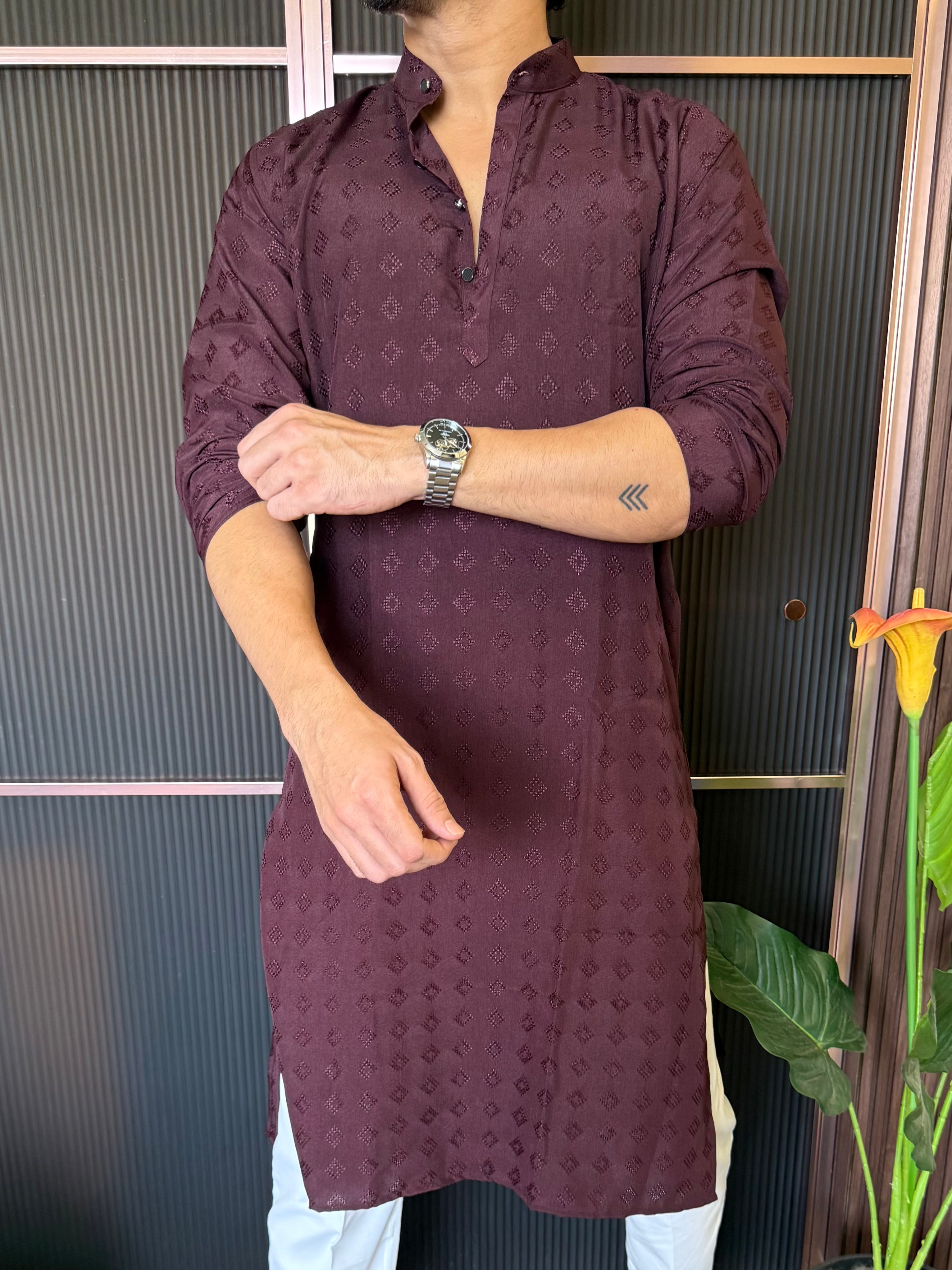 Self Print Maroon Long Kurta
