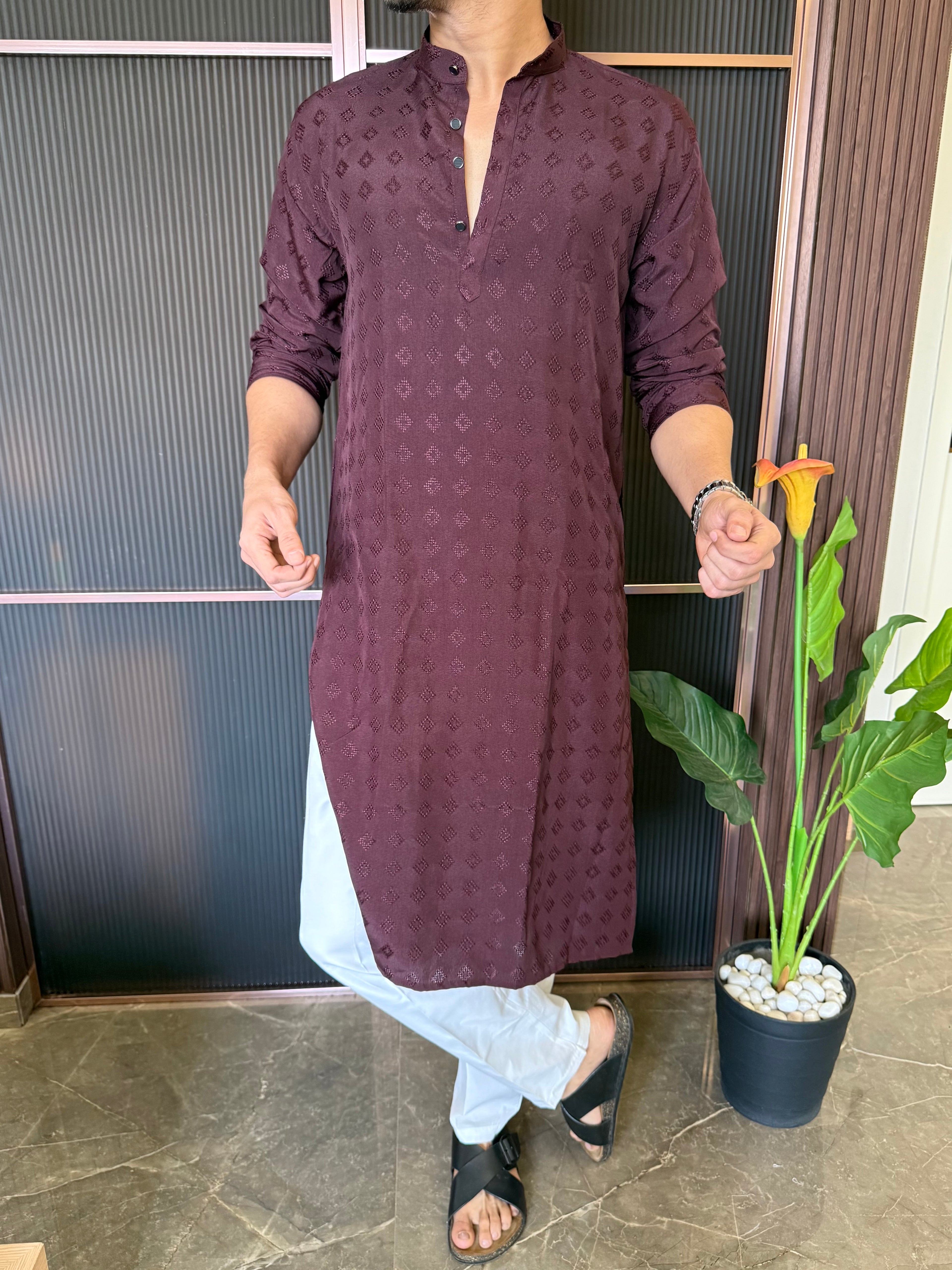 Self Print Maroon Long Kurta