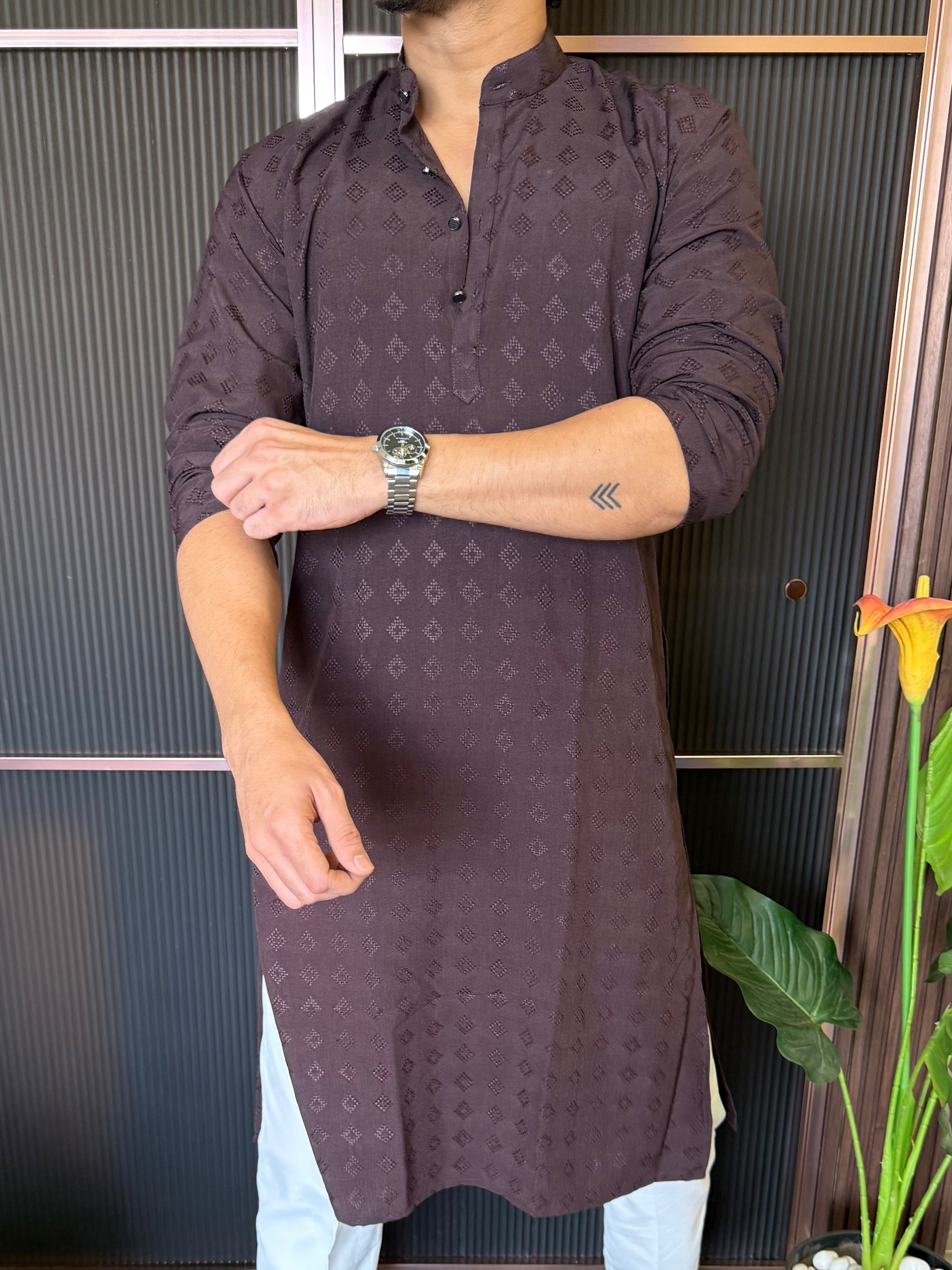Self Print Wine Long Kurta