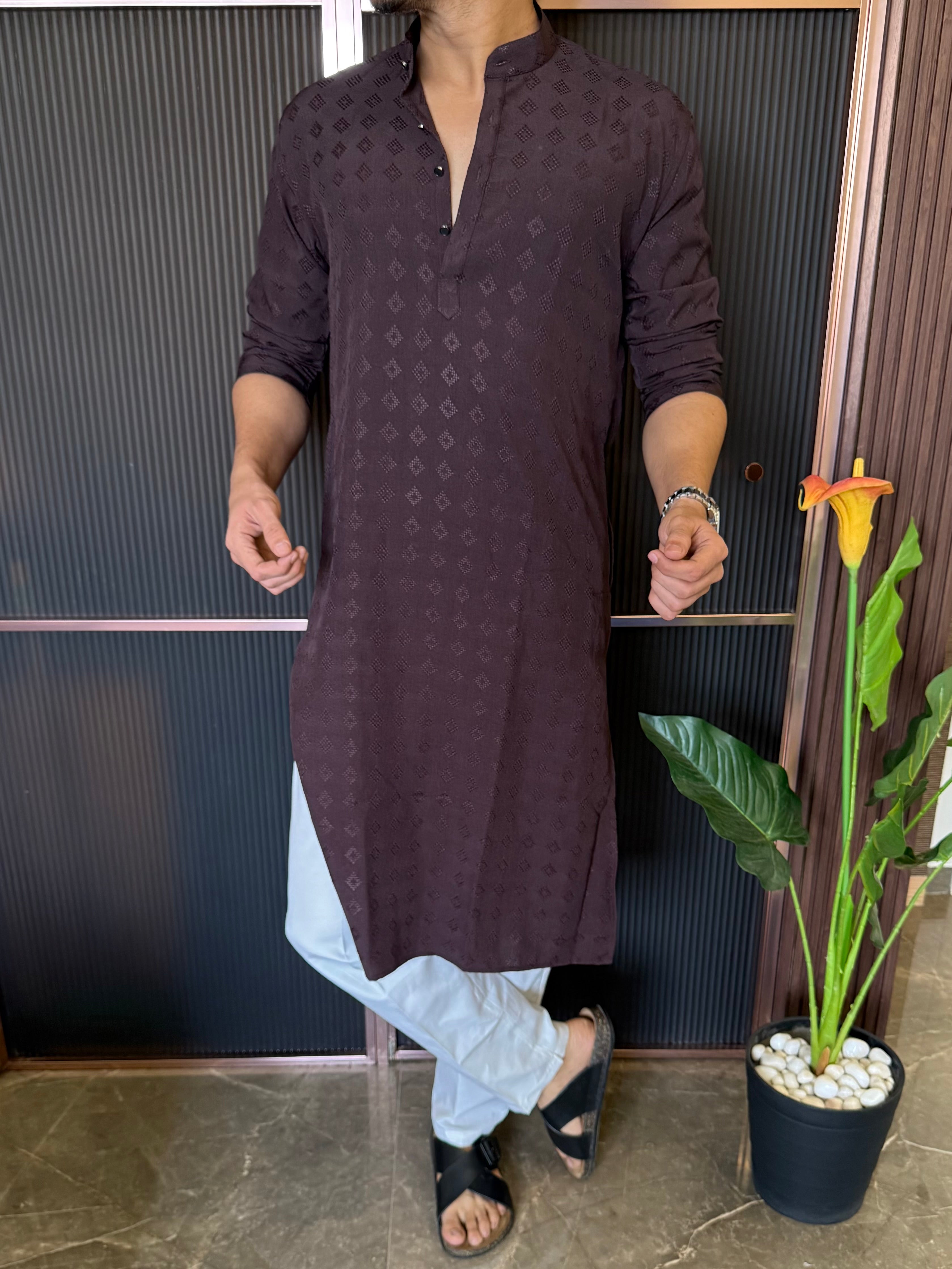 Self Print Wine Long Kurta