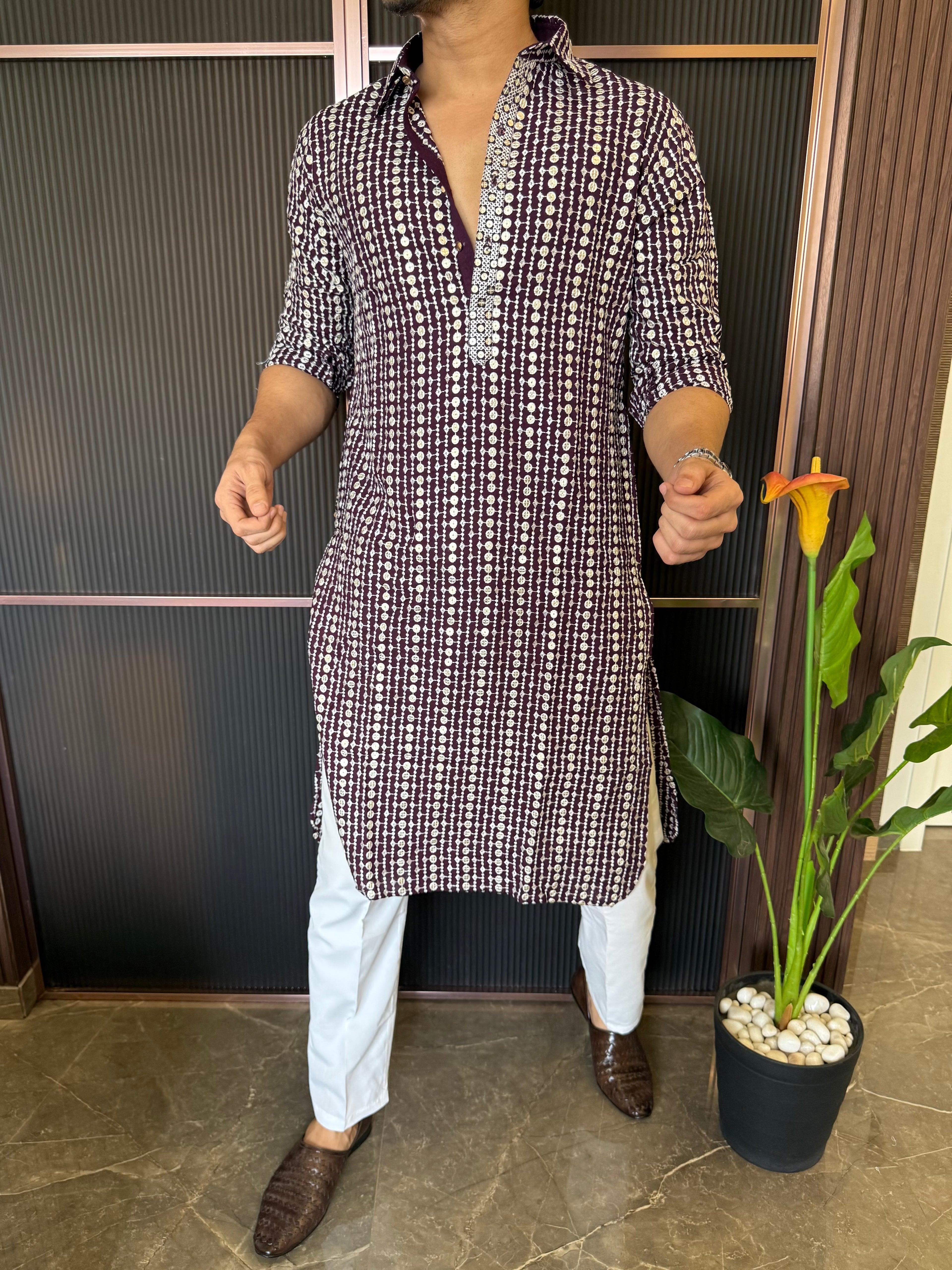 Heavy Work Maroon Kurta