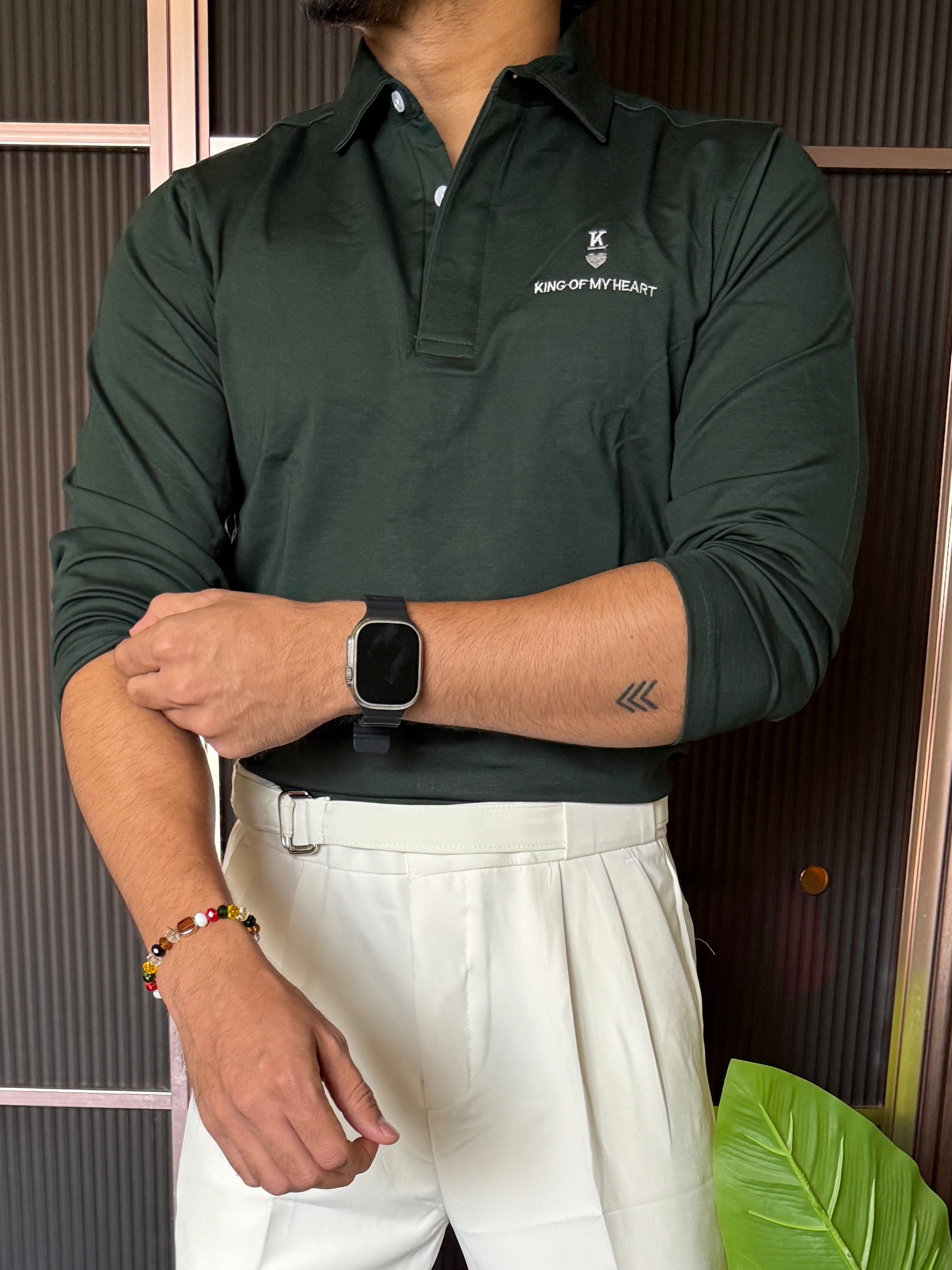 King Collar Green Full sleeve T shirt