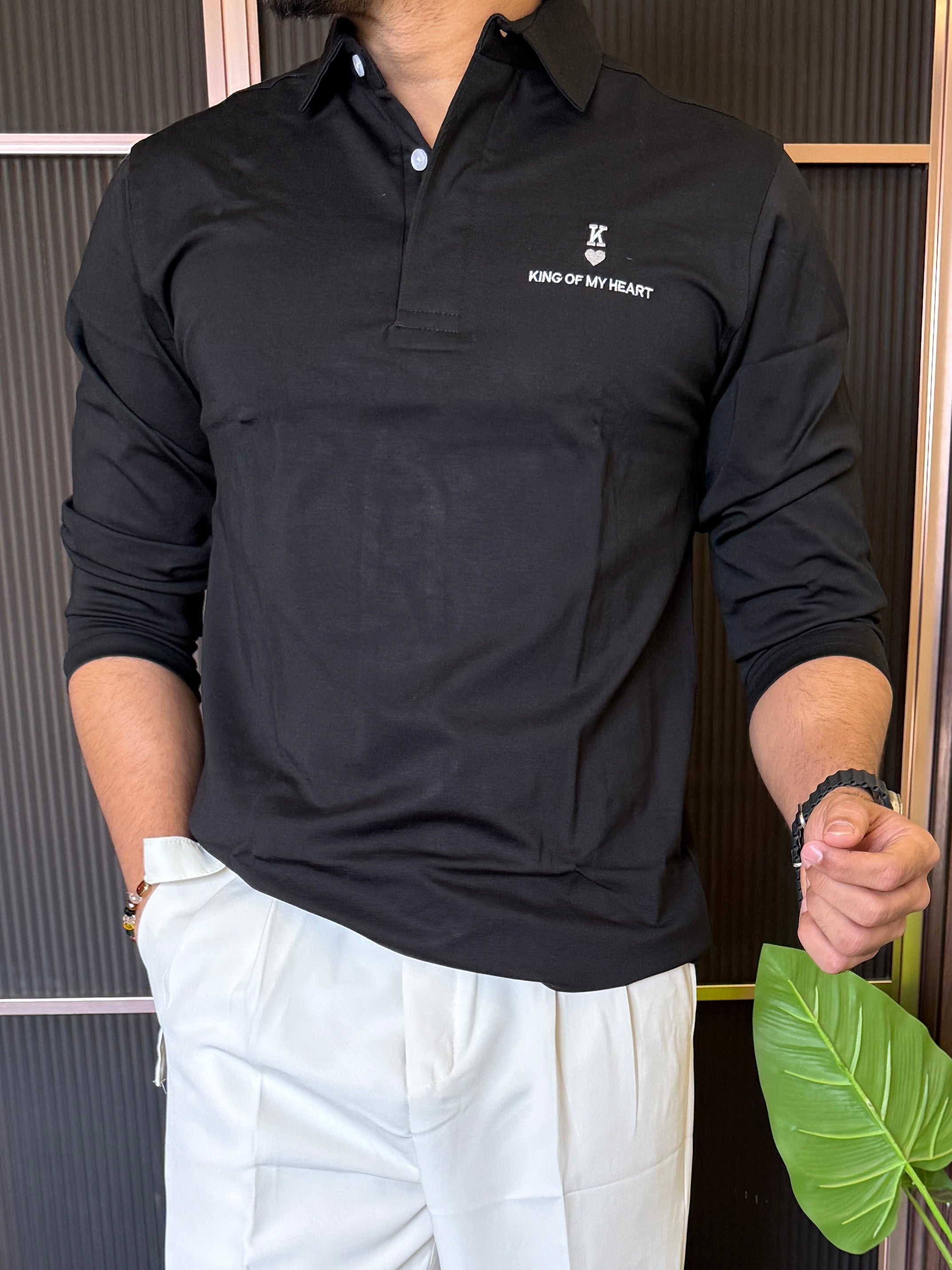 King Collar Black Full sleeve Tshirt