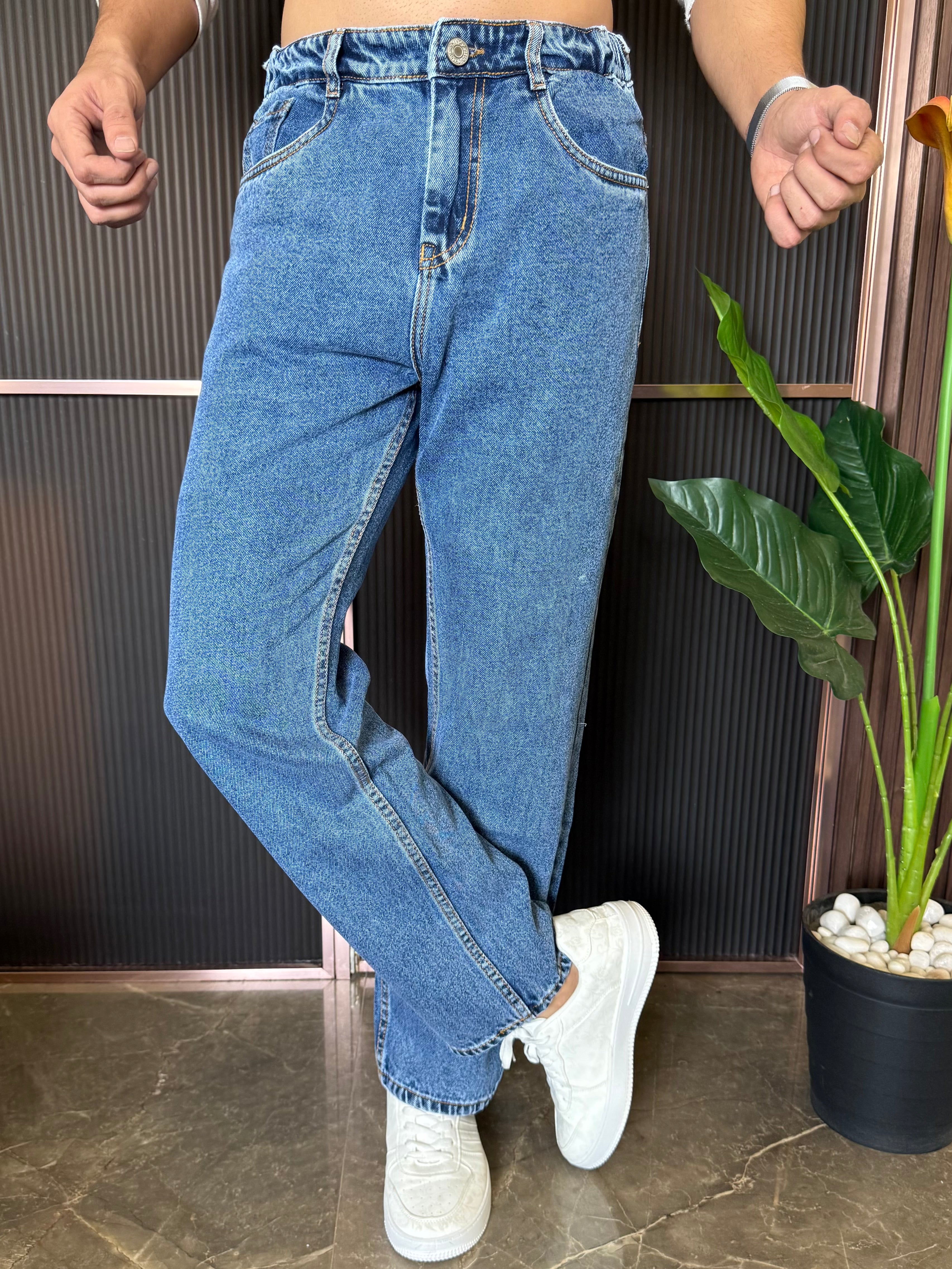 Elastic Waist Baggy Mid Blue Jeans
