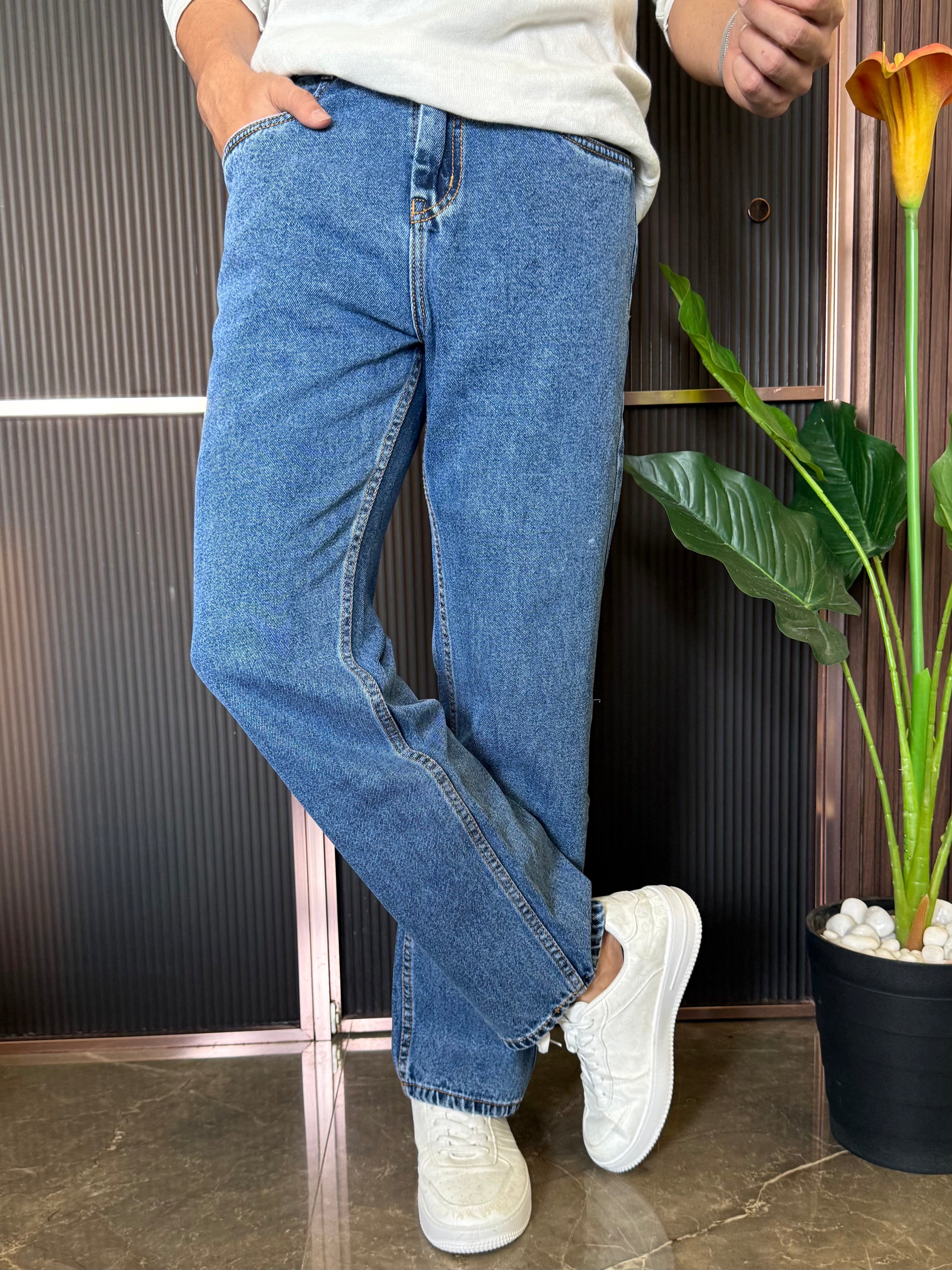 Elastic Waist Baggy Mid Blue Jeans
