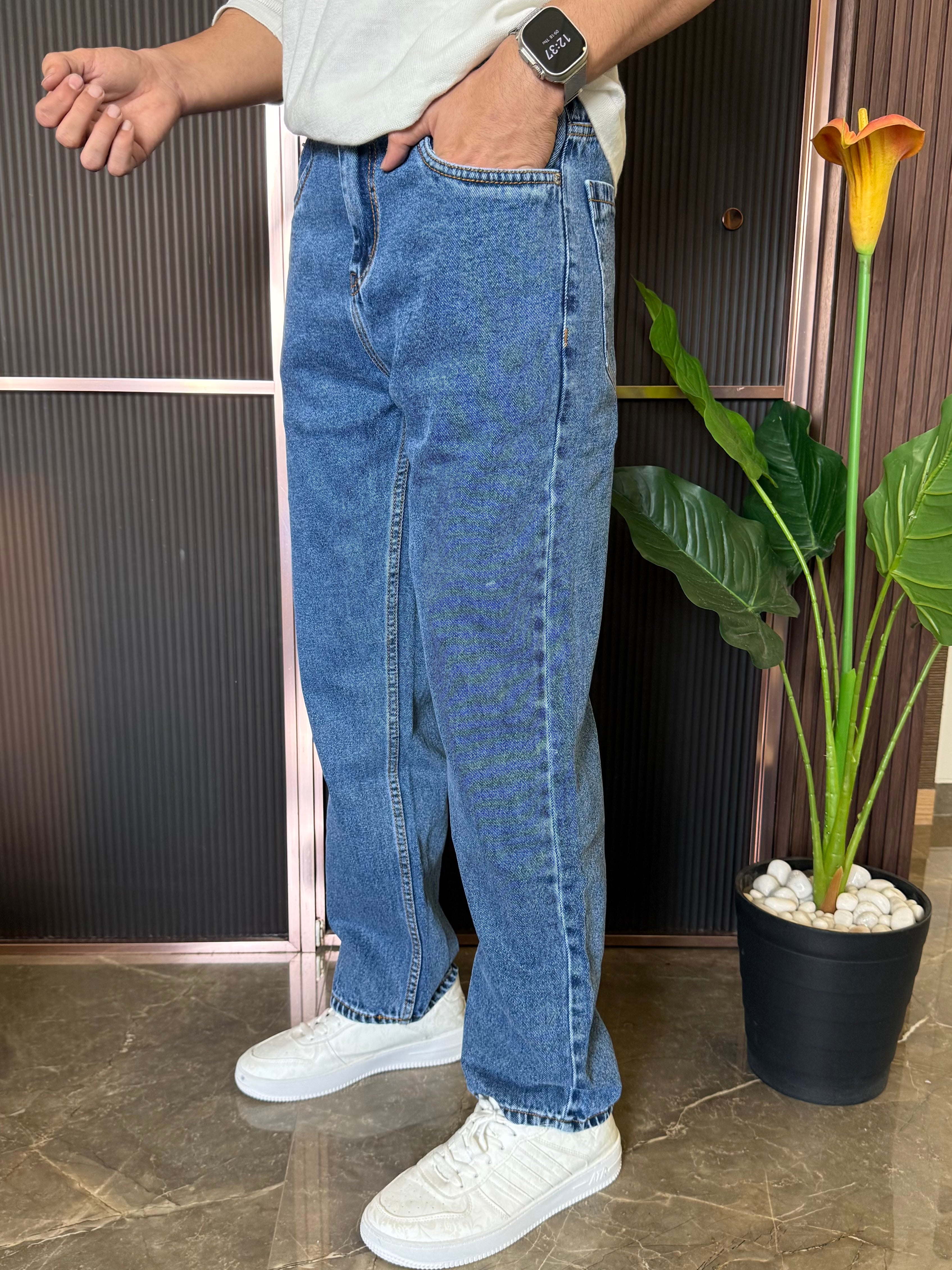 Elastic Waist Baggy Mid Blue Jeans