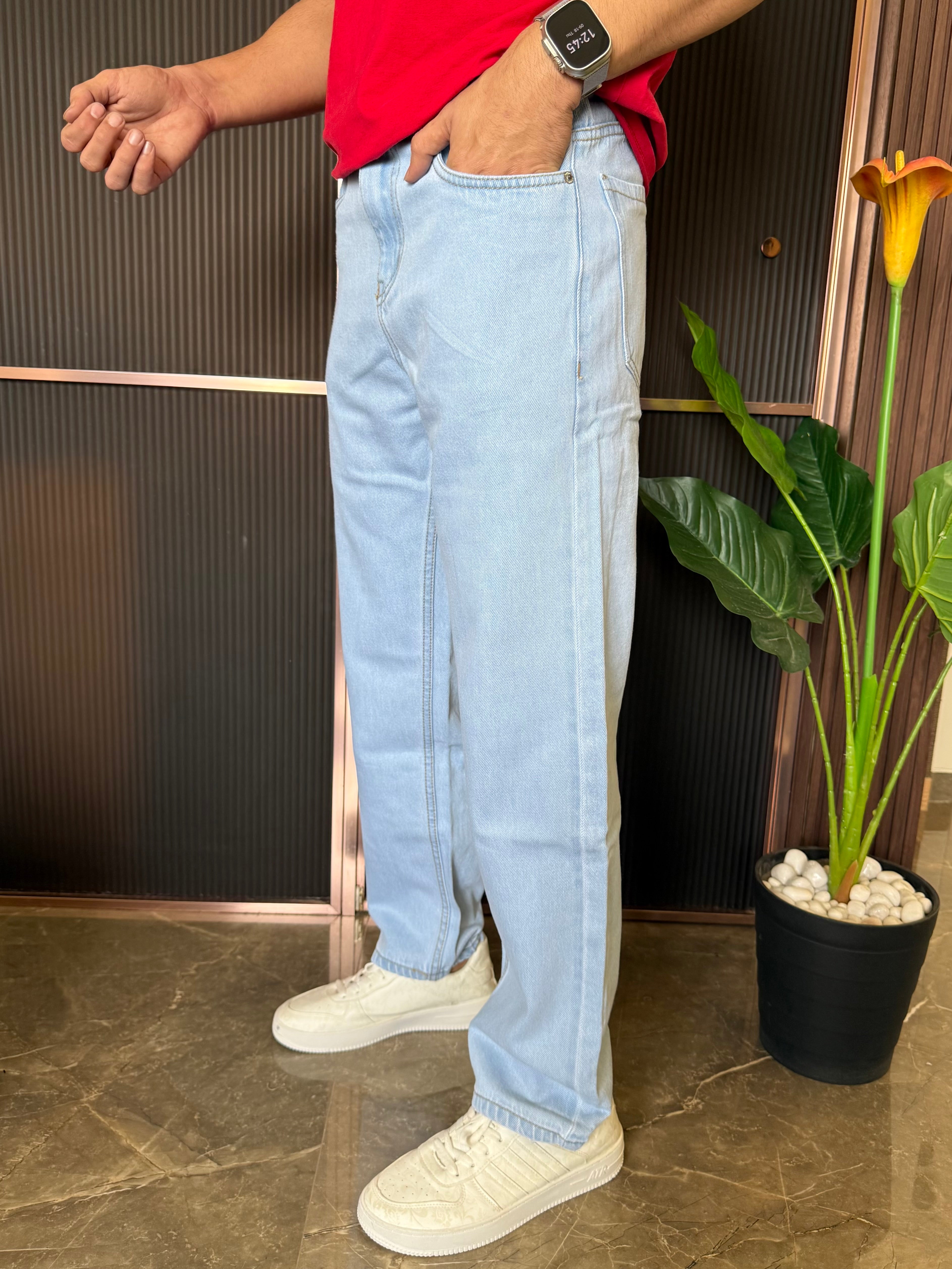 Elastic Waist Baggy Ice Blue Jeans