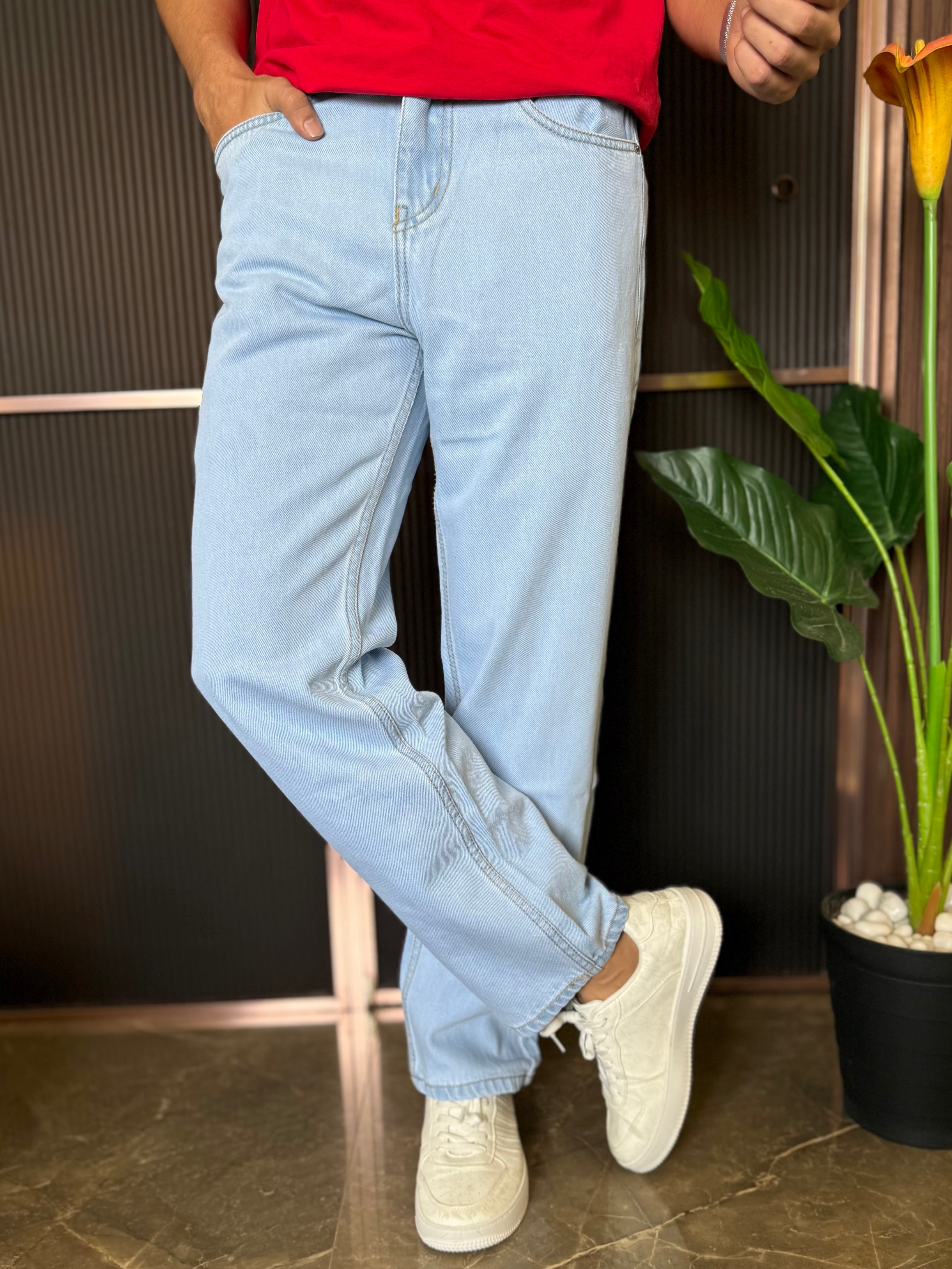 Elastic Waist Baggy Ice Blue Jeans