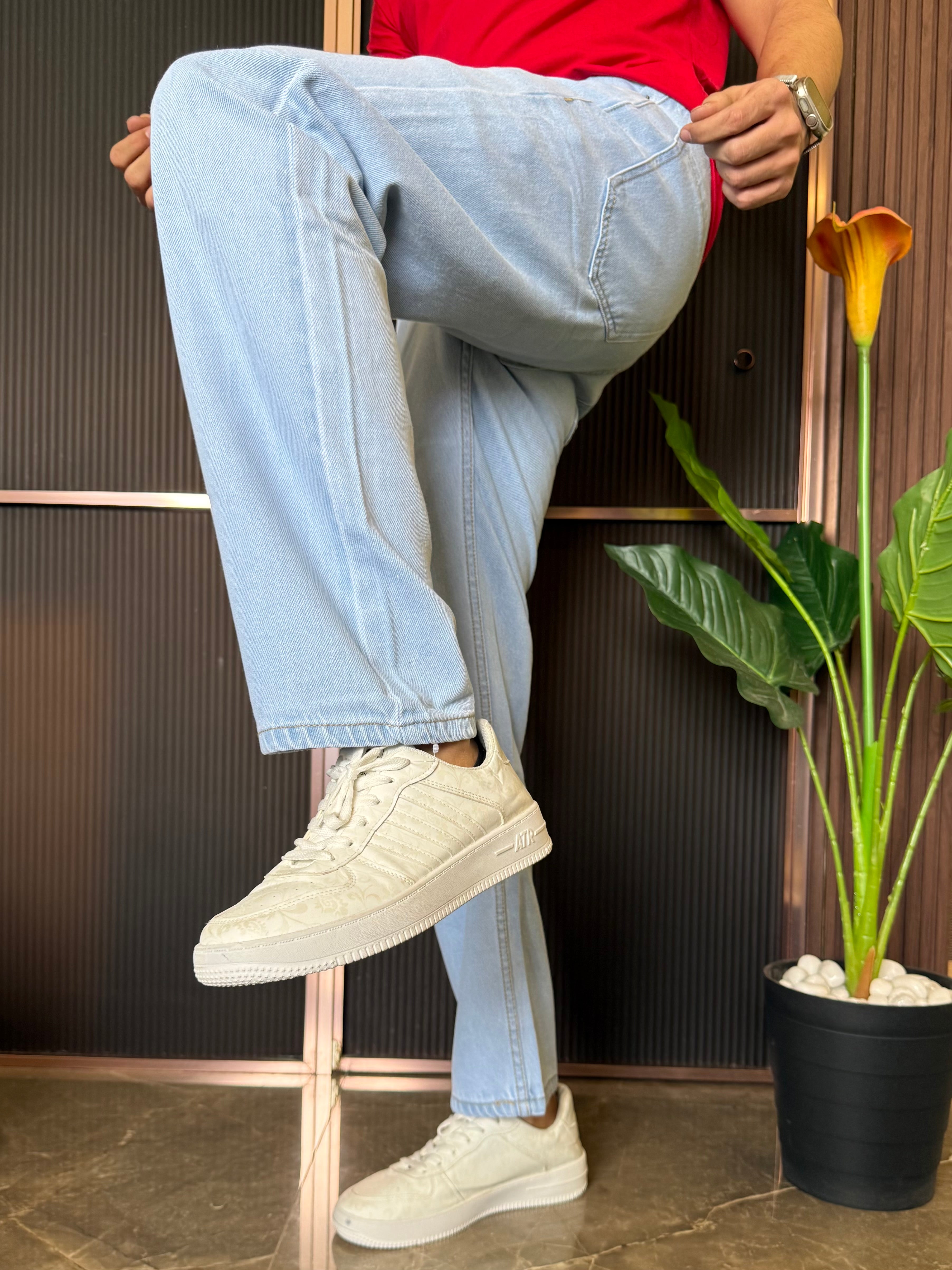 Elastic Waist Baggy Ice Blue Jeans