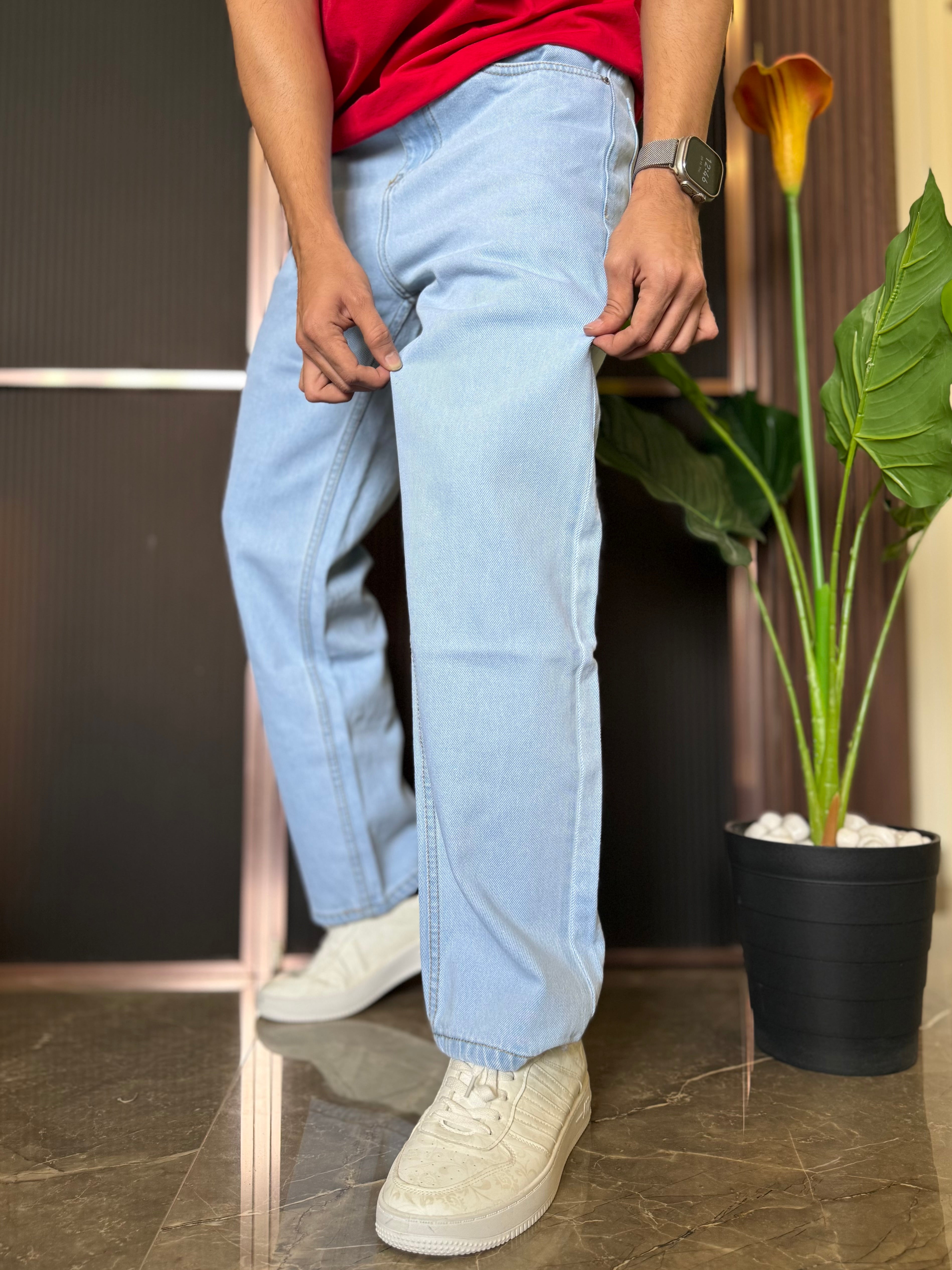 Elastic Waist Baggy Ice Blue Jeans