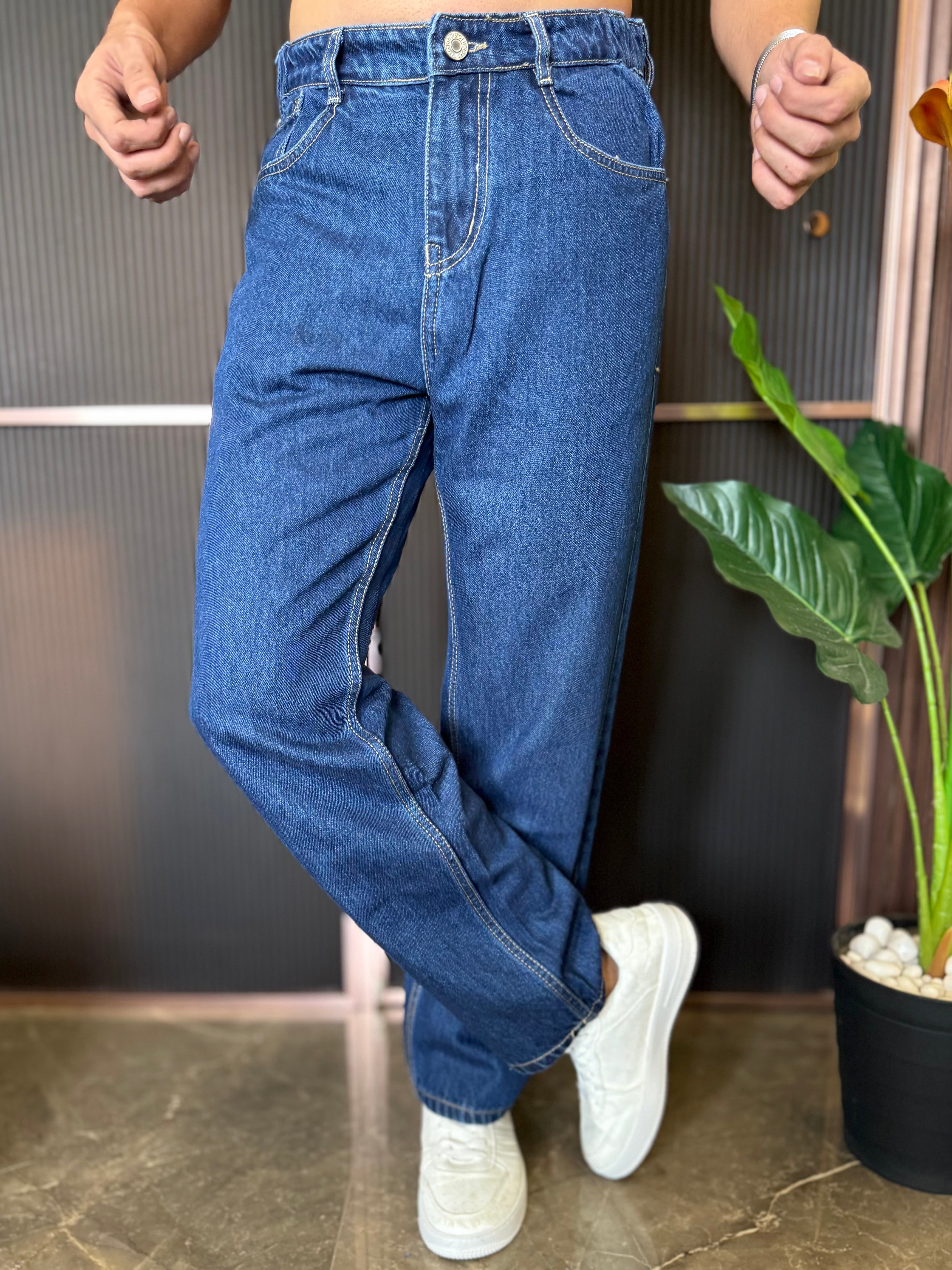 Elastic Waist Baggy D Blue Jeans