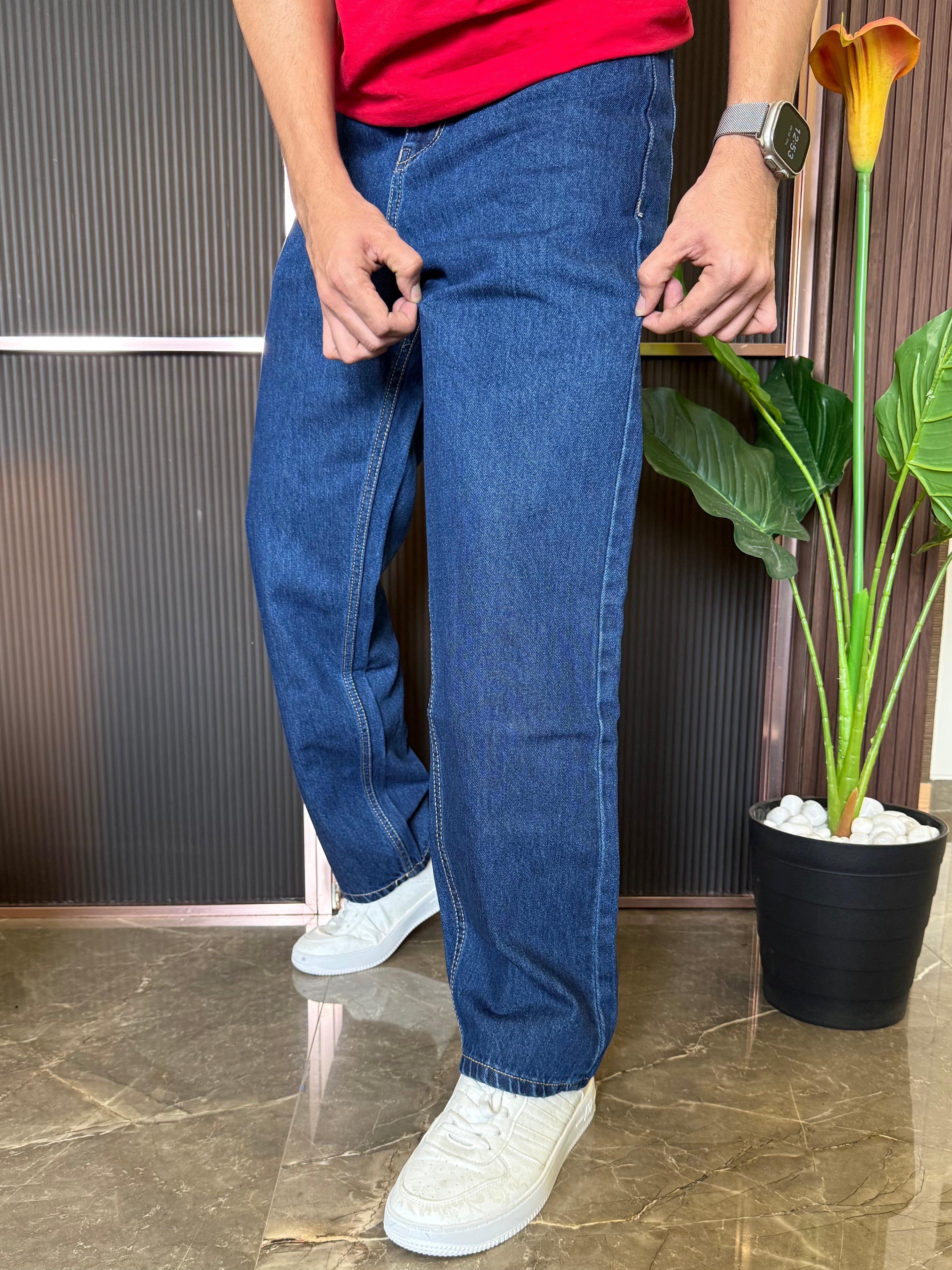 Elastic Waist Baggy D Blue Jeans