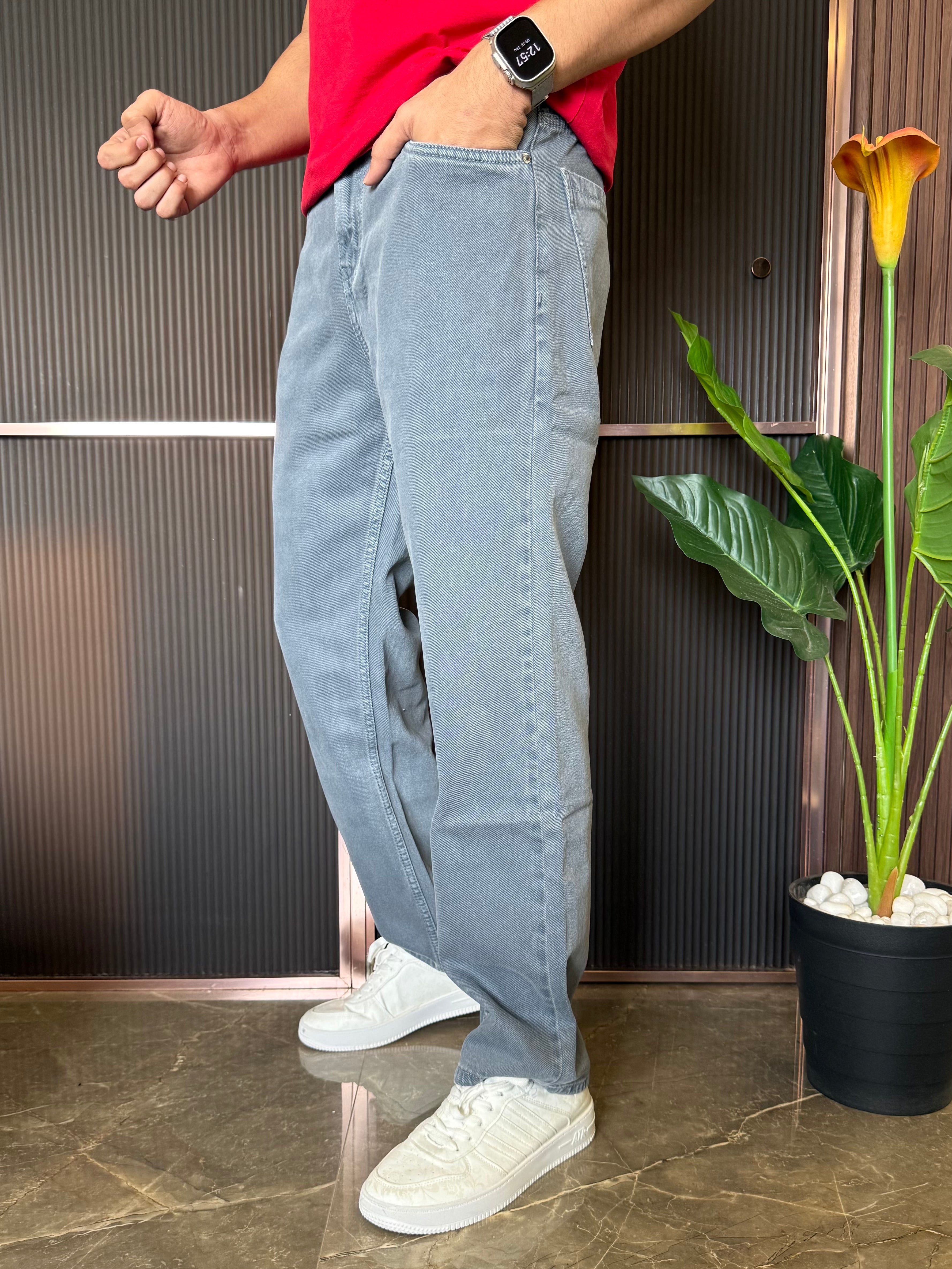 Elastic Waist Baggy Grey Jeaans