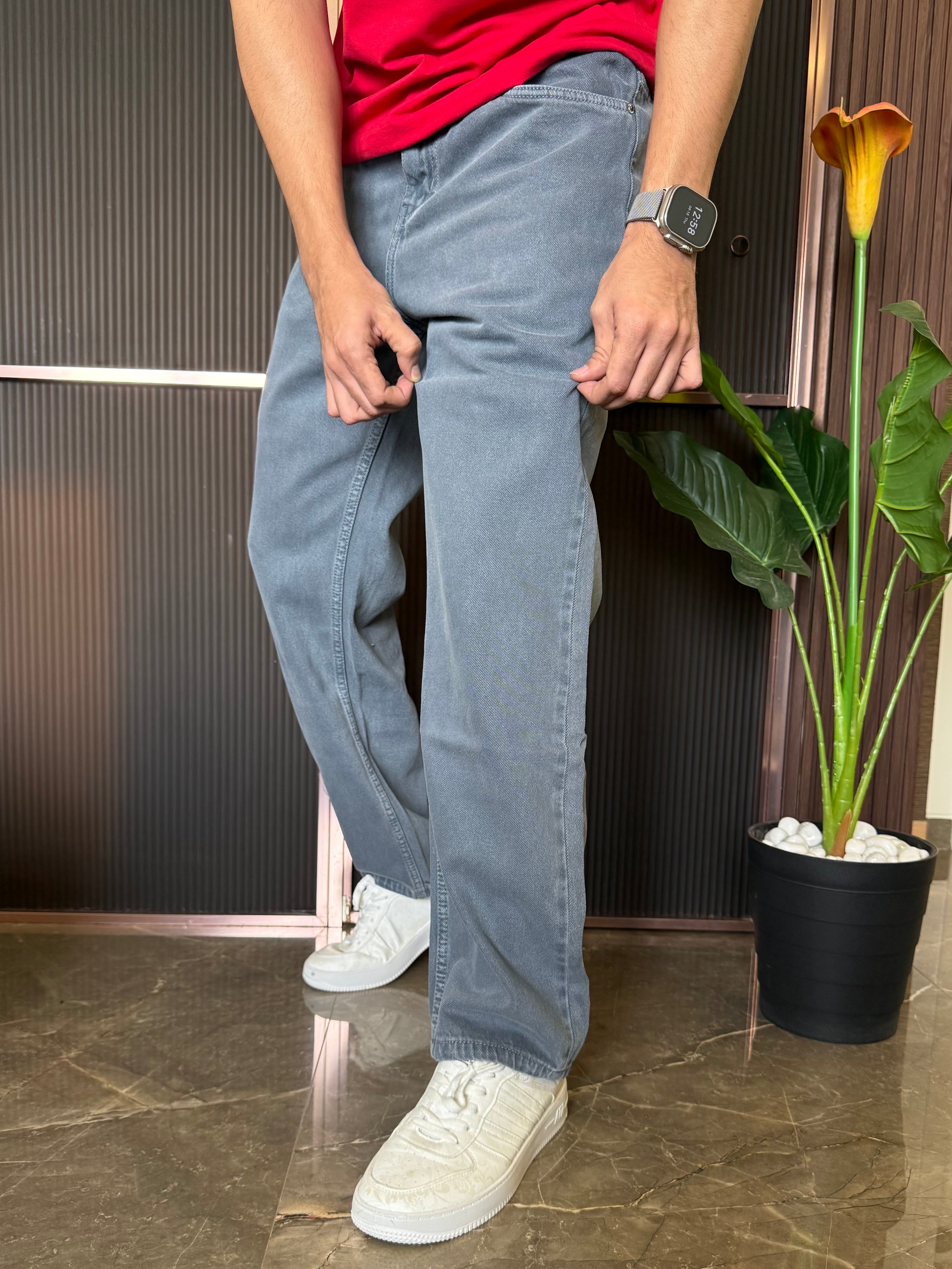Elastic Waist Baggy Grey Jeaans
