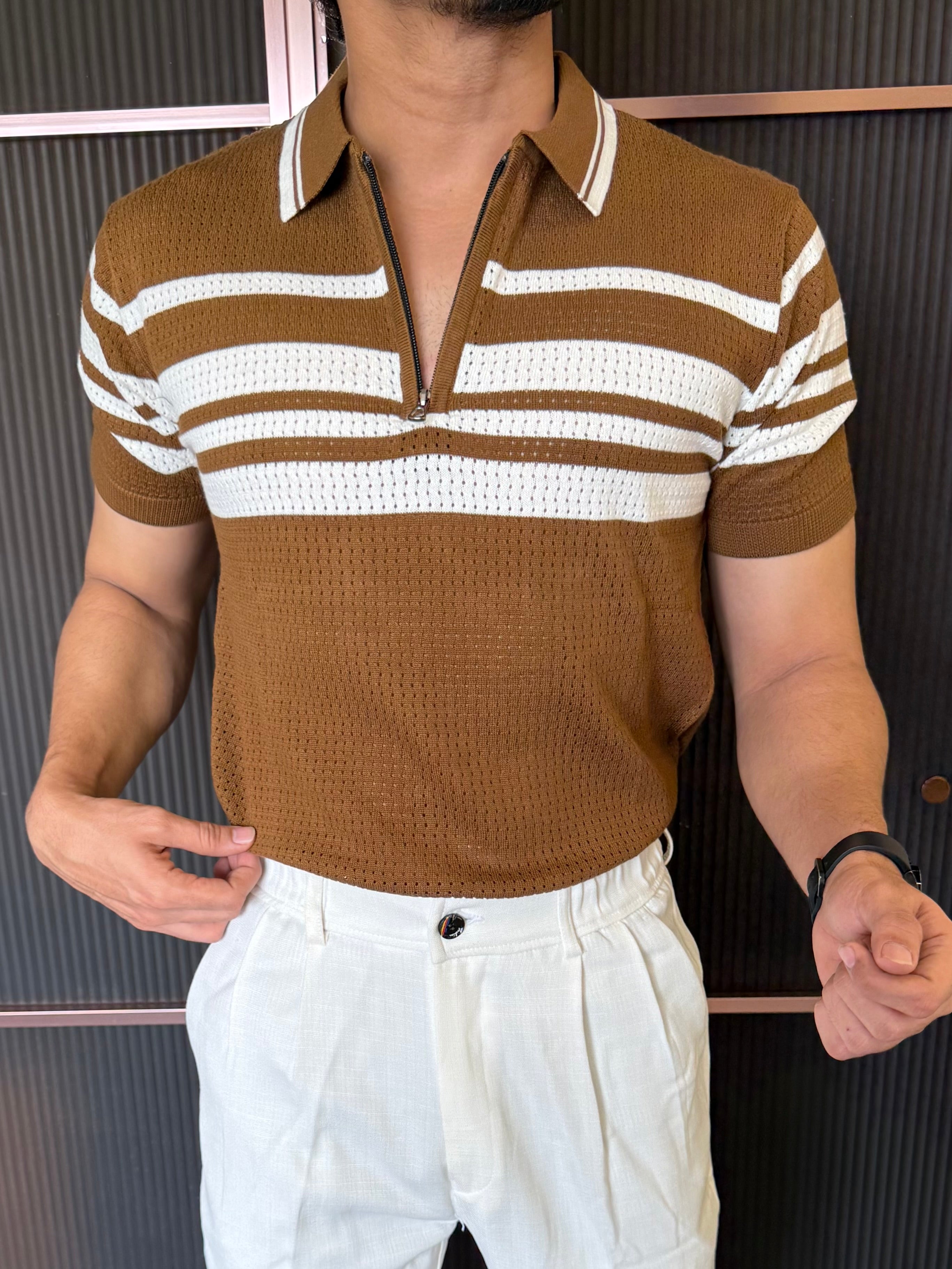 knitted Zip Collar Brown Tshirt