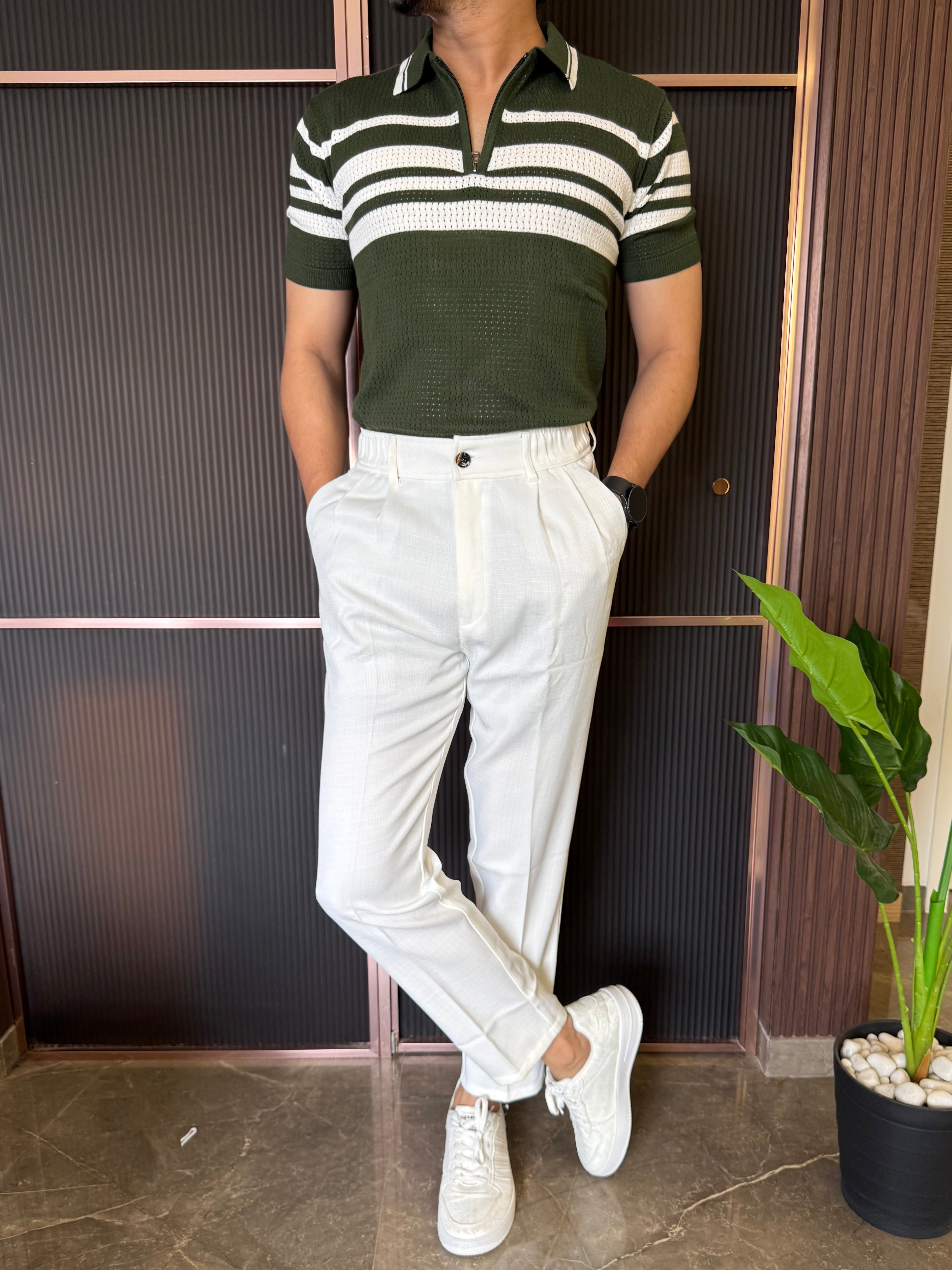 knitted Zip Collar Green Tshirt