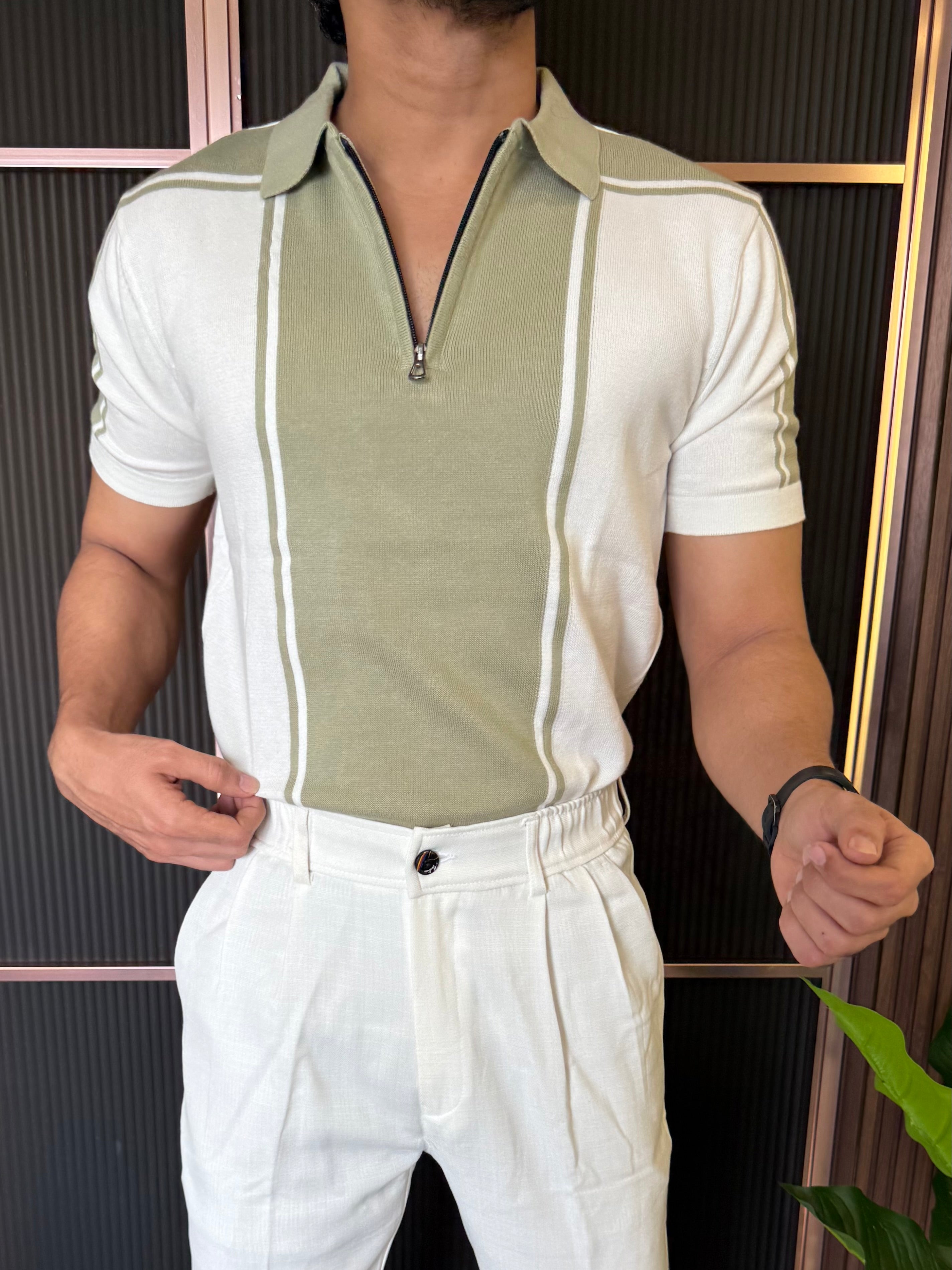 knitted Stripes Zip Collar Green Tshirt
