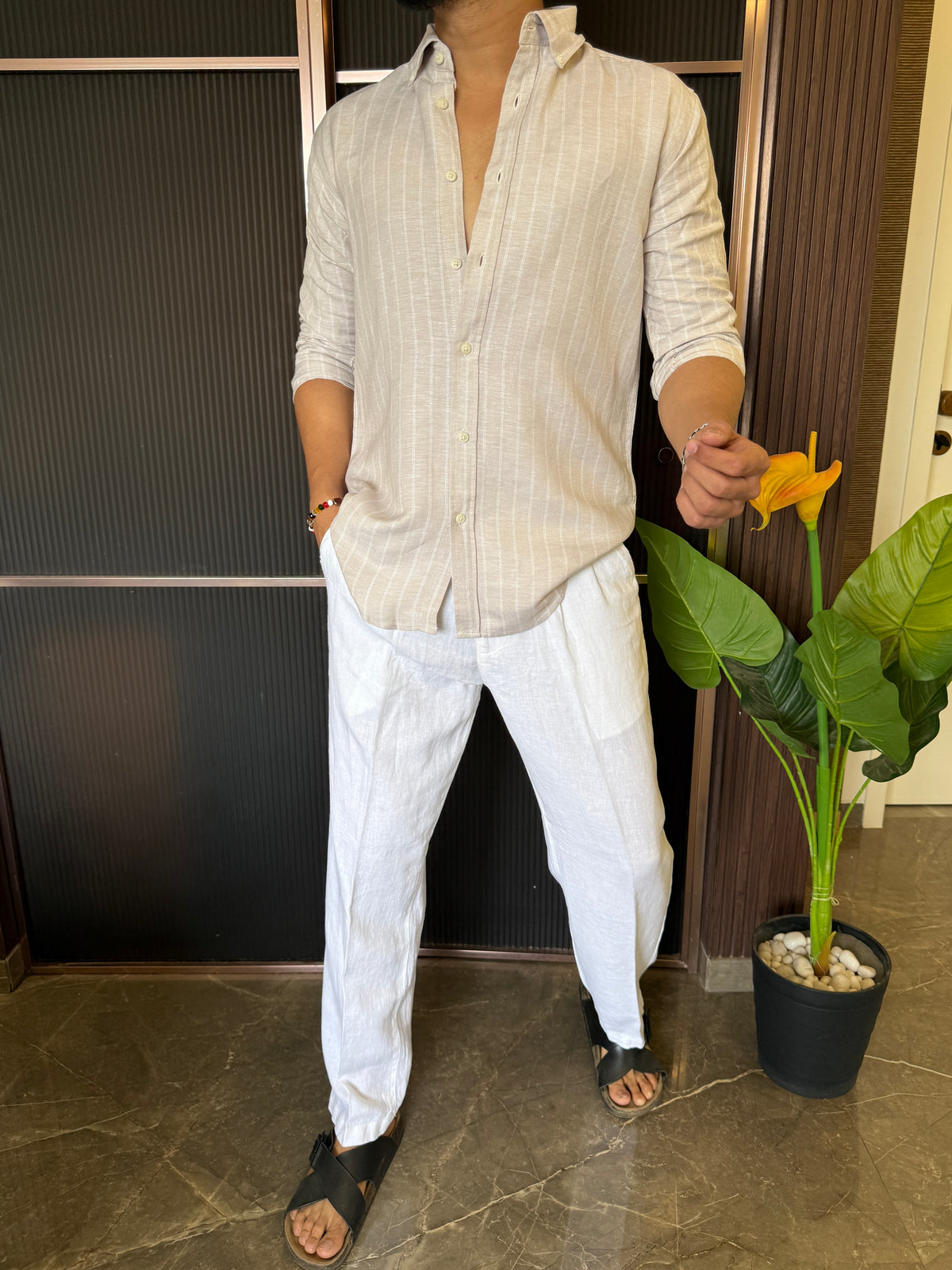 Pure Linen Cream 1 Striper Full Sleeve Shirt