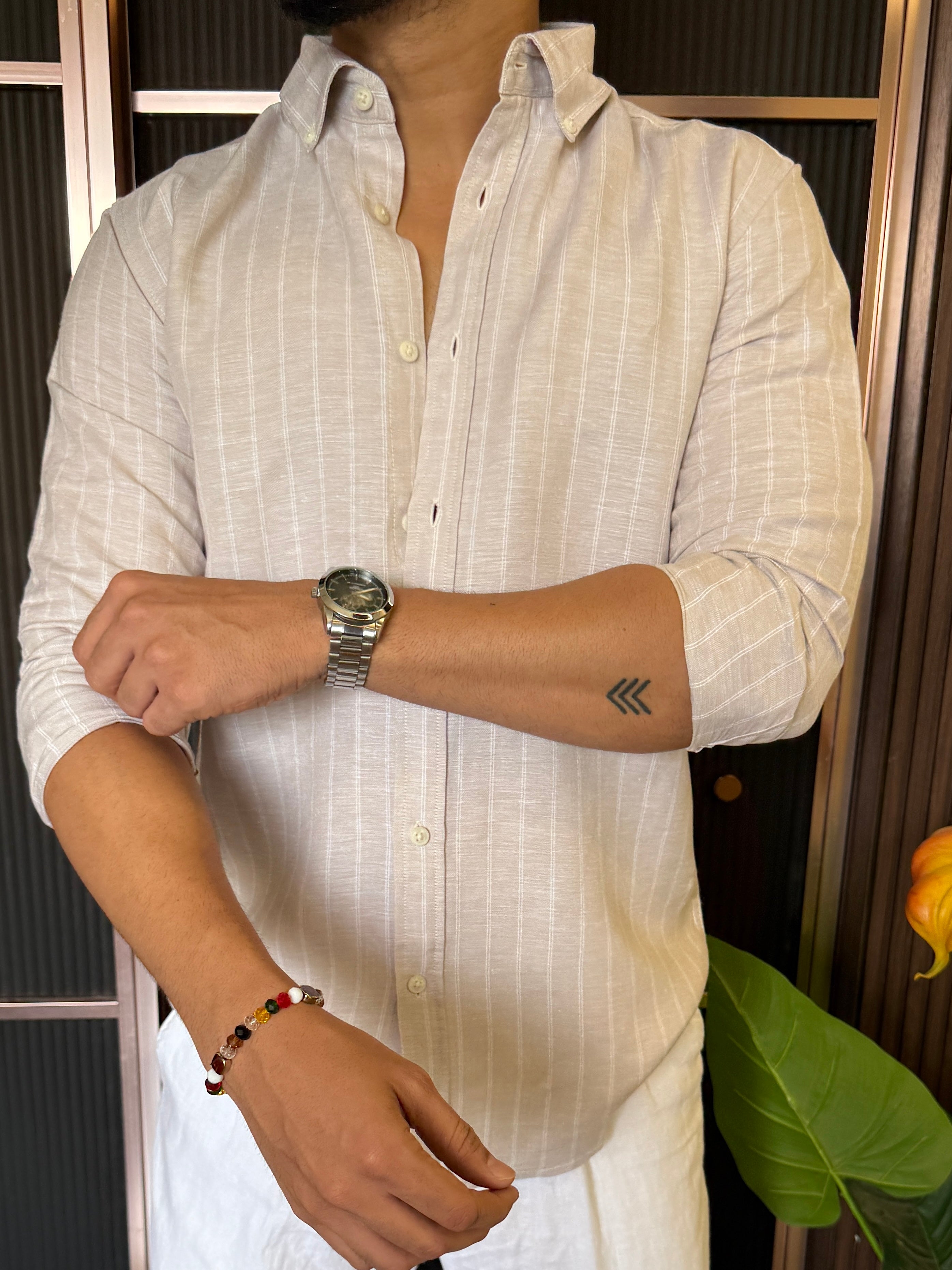 Pure Linen Cream 1 Striper Full Sleeve Shirt