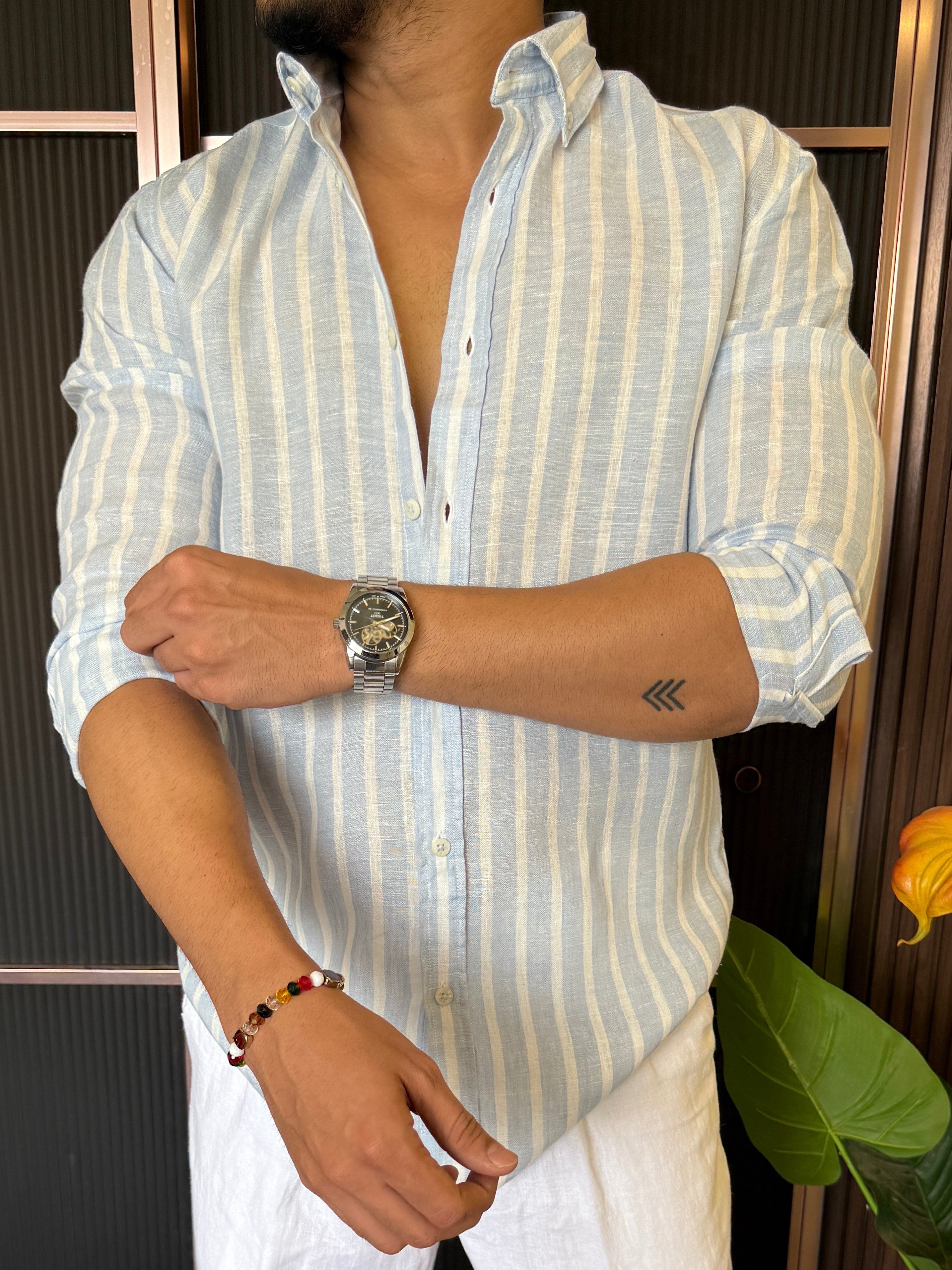 Pure Linen SkyBlue 1 Striper Full Sleeve Shirt
