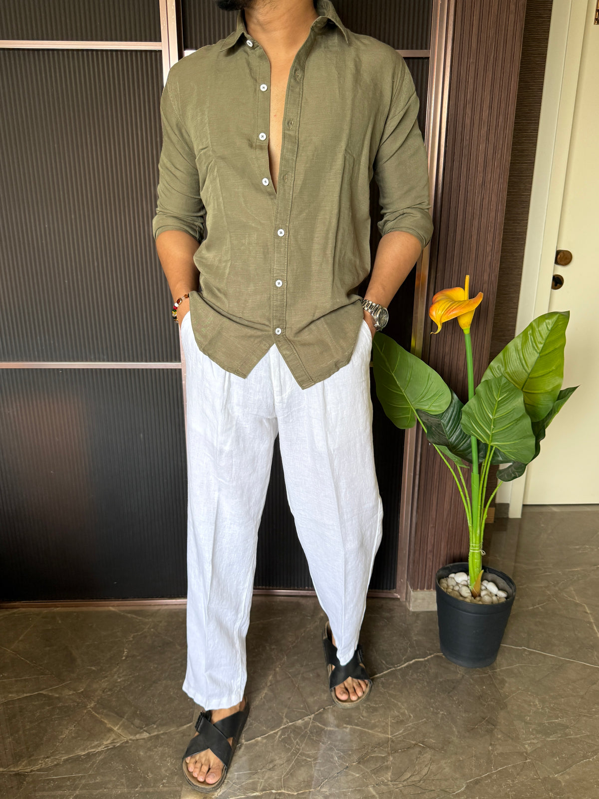 A Pure linen Olive Full Shirt