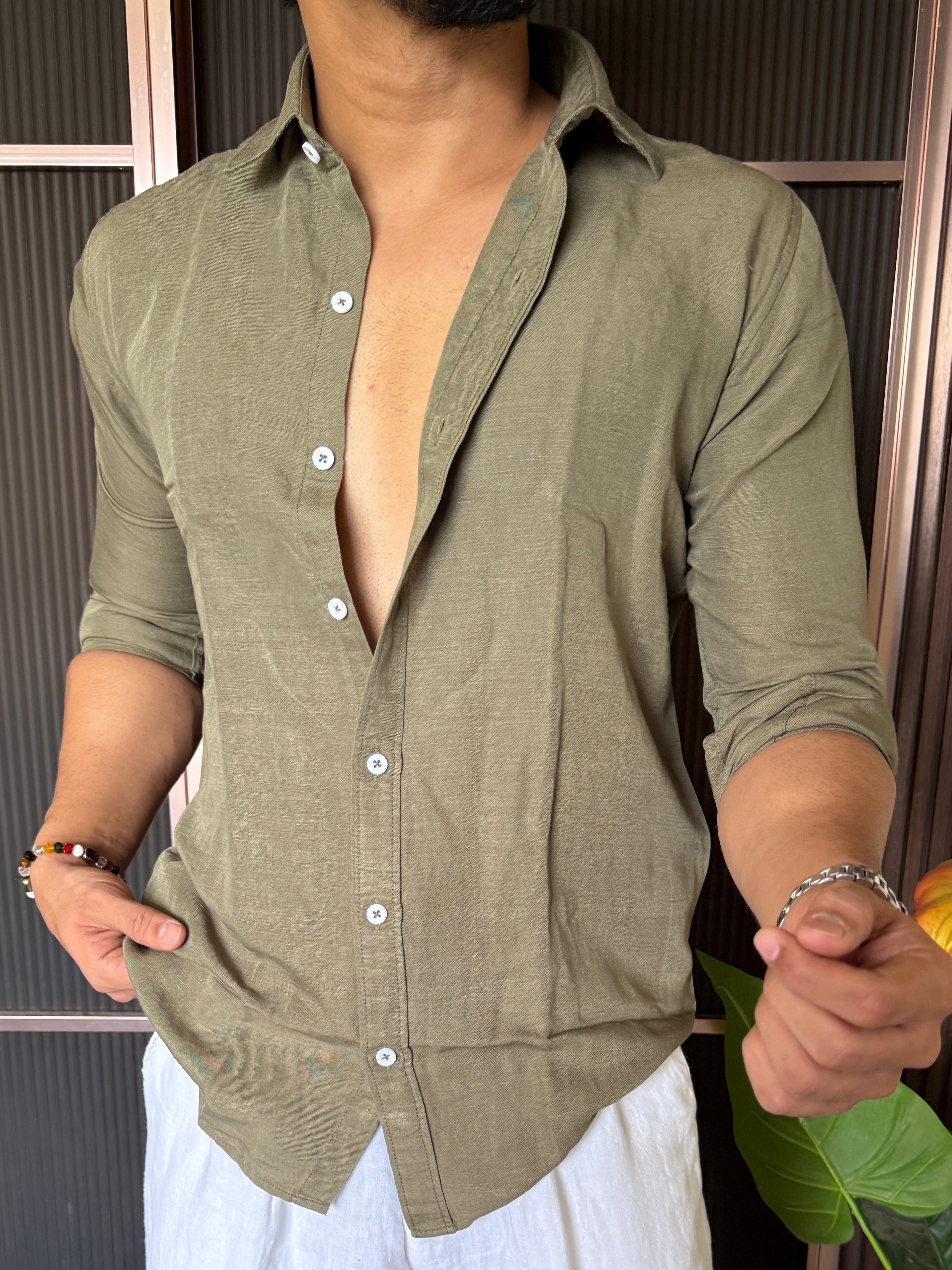 A Pure linen Olive Full Shirt