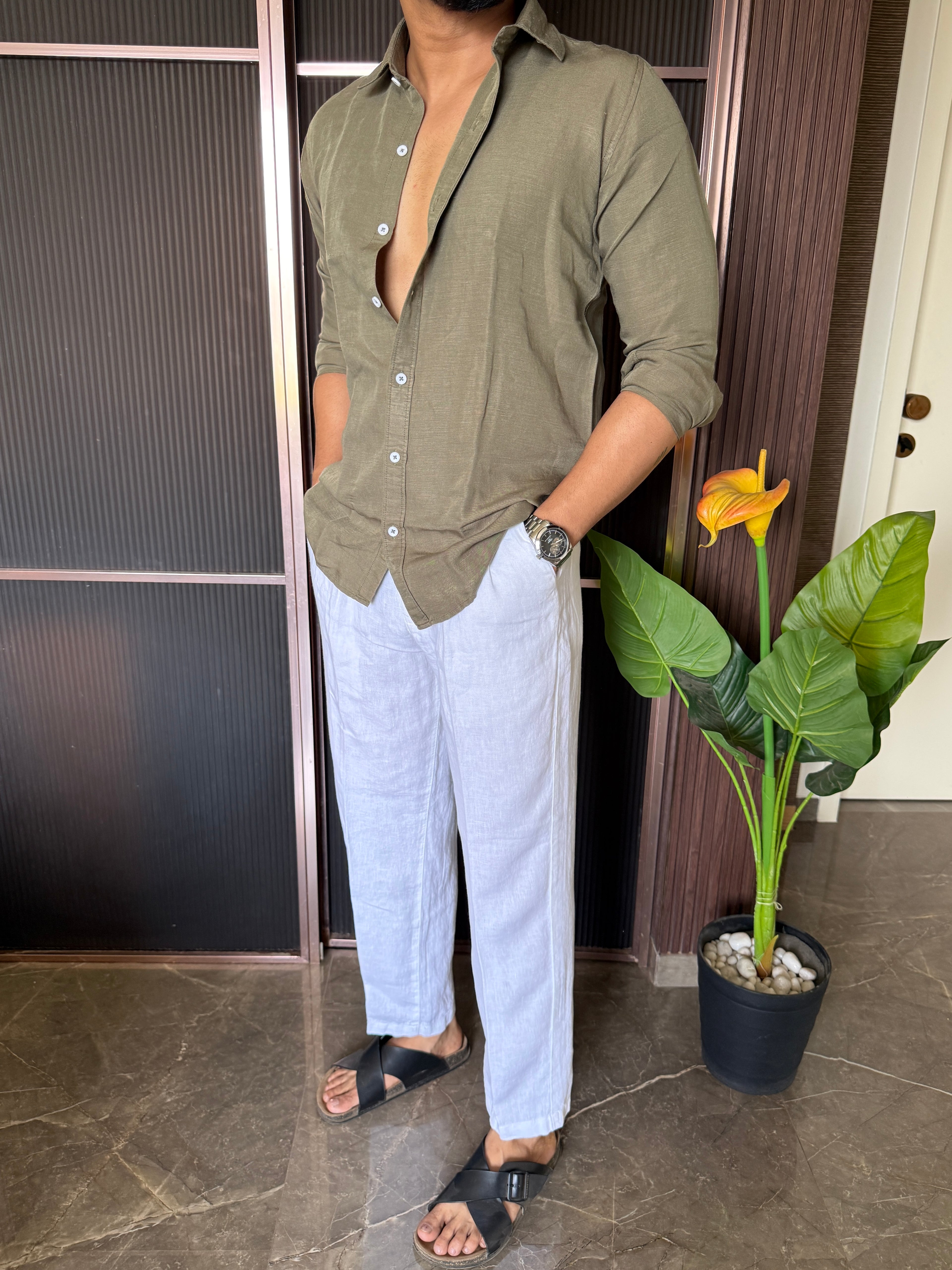 A Pure linen Olive Full Shirt