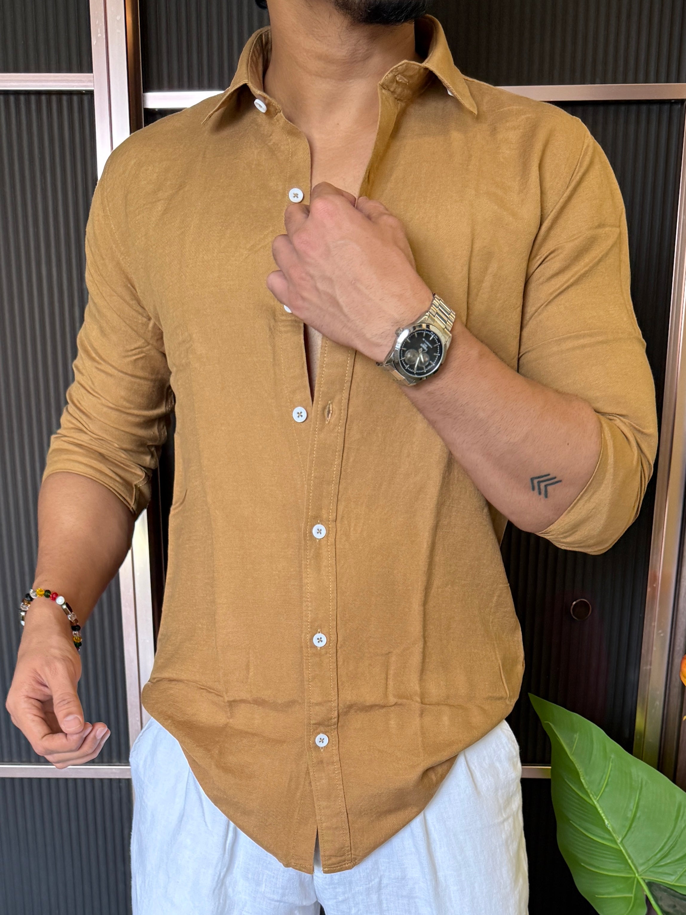A Pure linen Camel Full Shirt