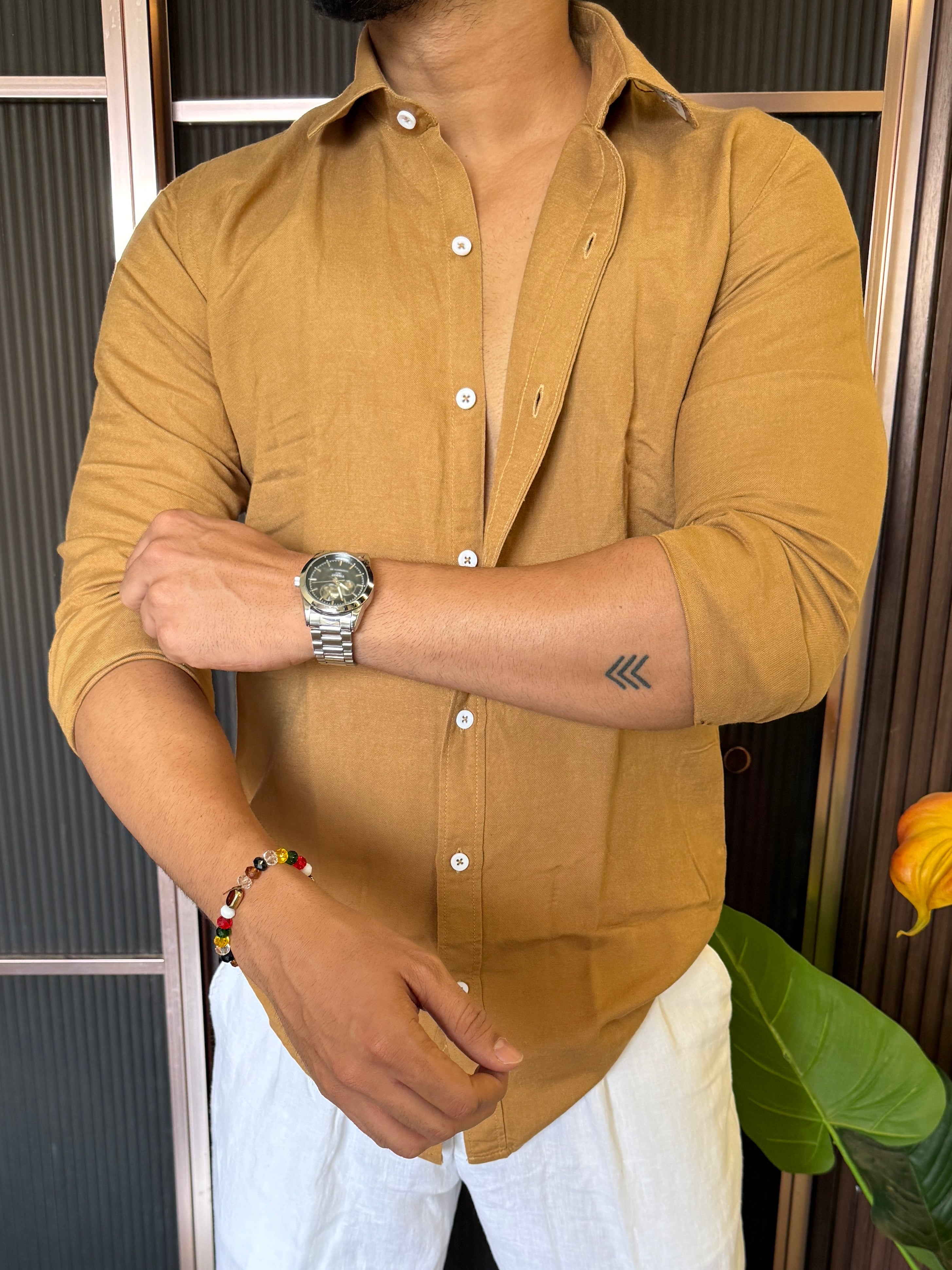 A Pure linen Camel Full Shirt