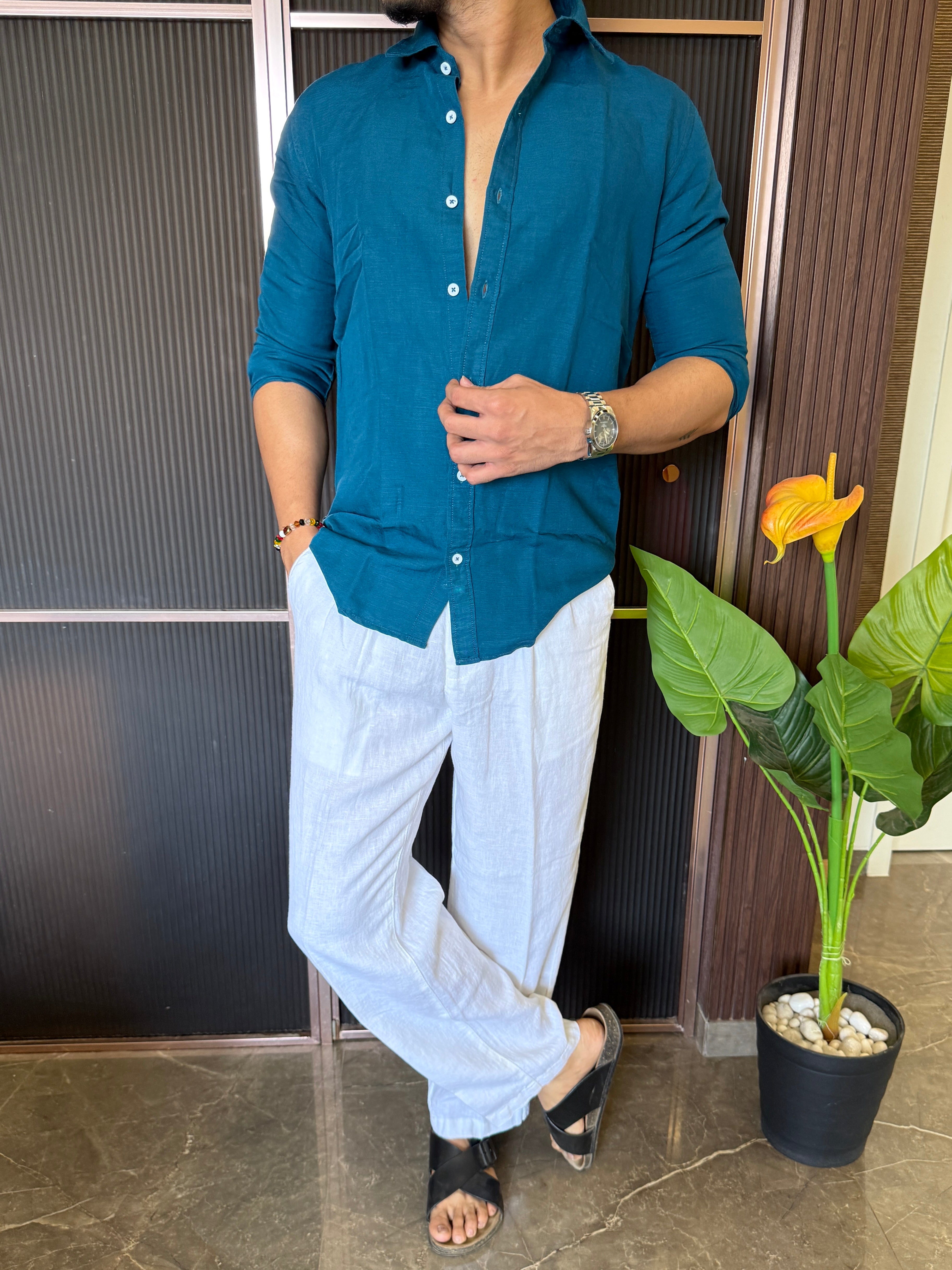 A Pure linen Blue Full Shirt