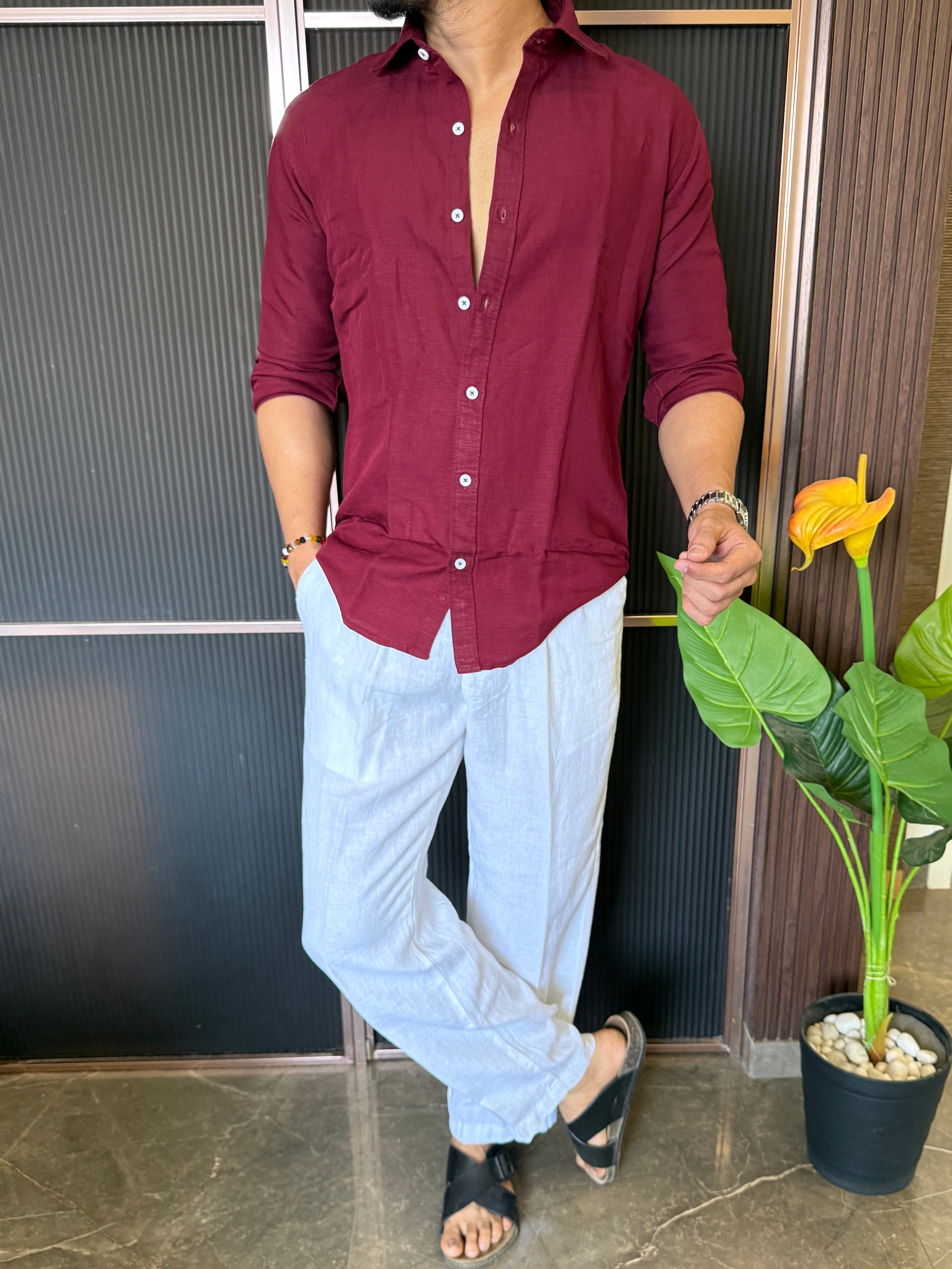 A Pure linen Maroon Full Shirt