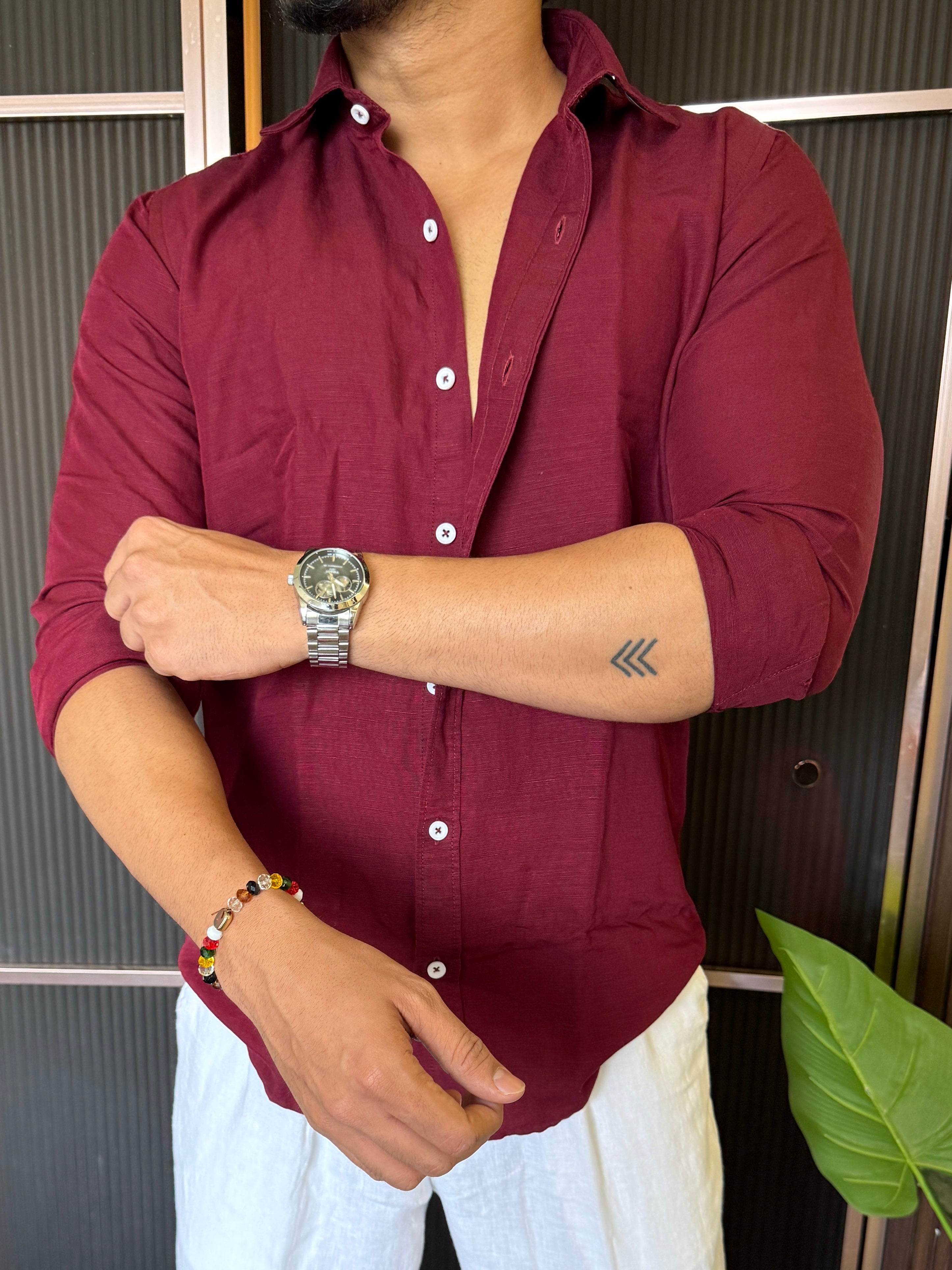 A Pure linen Maroon Full Shirt